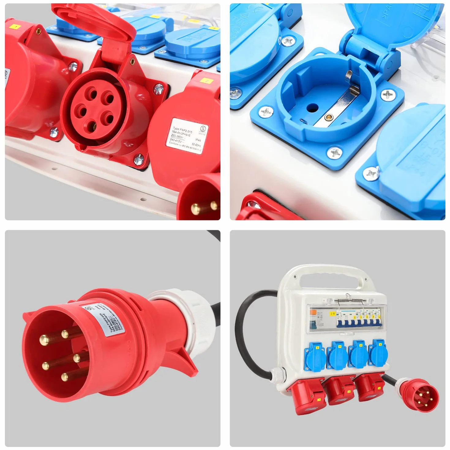 Fiqops Distributore di corrente da costruzione 32a, distributore di corrente 4 x 230 V, 2 x 16 A, 1 x 32 A, 400 V, CEE a 5 poli, con interruttore FI/LS, IP44 con coperchi di sicurezza e tubo,