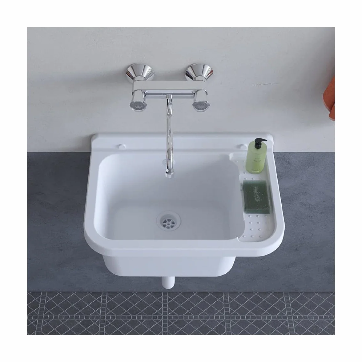 INTEC - Lavabo da parete in resina bianca 50 x 32 cm Lavabo a sospensione antiurto - Lavello Lavapano Bagno WC Garage Lavanderia