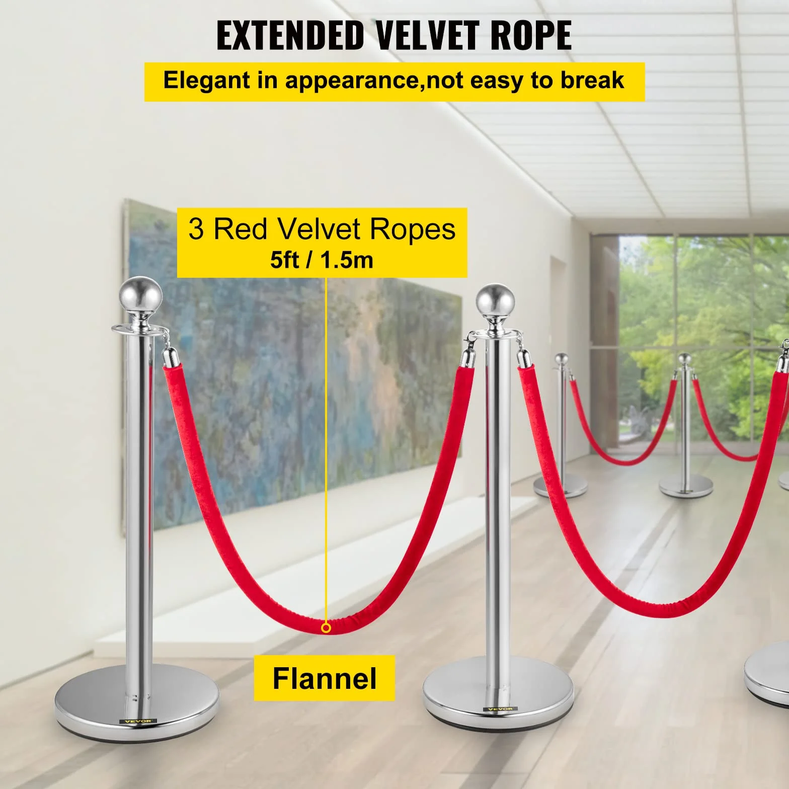 Mophorn Barriera per Il Controllo della Folla con Corda di Velluto Rosso, 4 Pezzi Corda da 1,5 m Barriere di Controllo della Folla Tondo Post Palo Argento