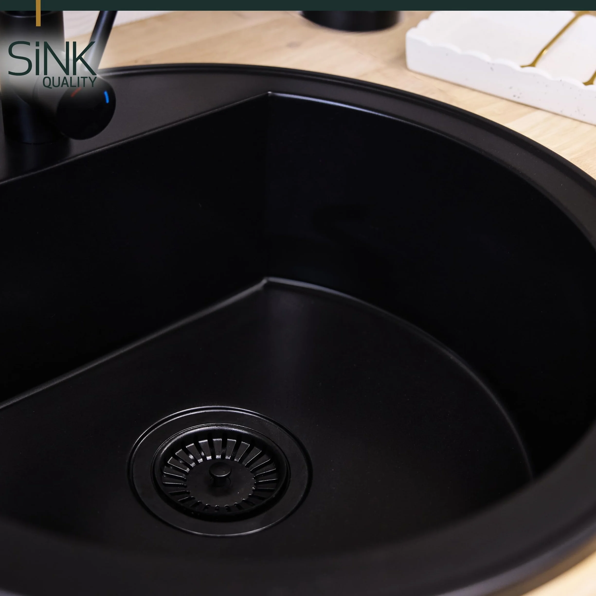 SINK QUALITY lavello rotondo con rubinetto Ø 51 cm – lavello in granito nero con rubinetto, sifone e impregnazione – lavello da cucina rotondo in granito per sottolavelli a partire da 55 cm di