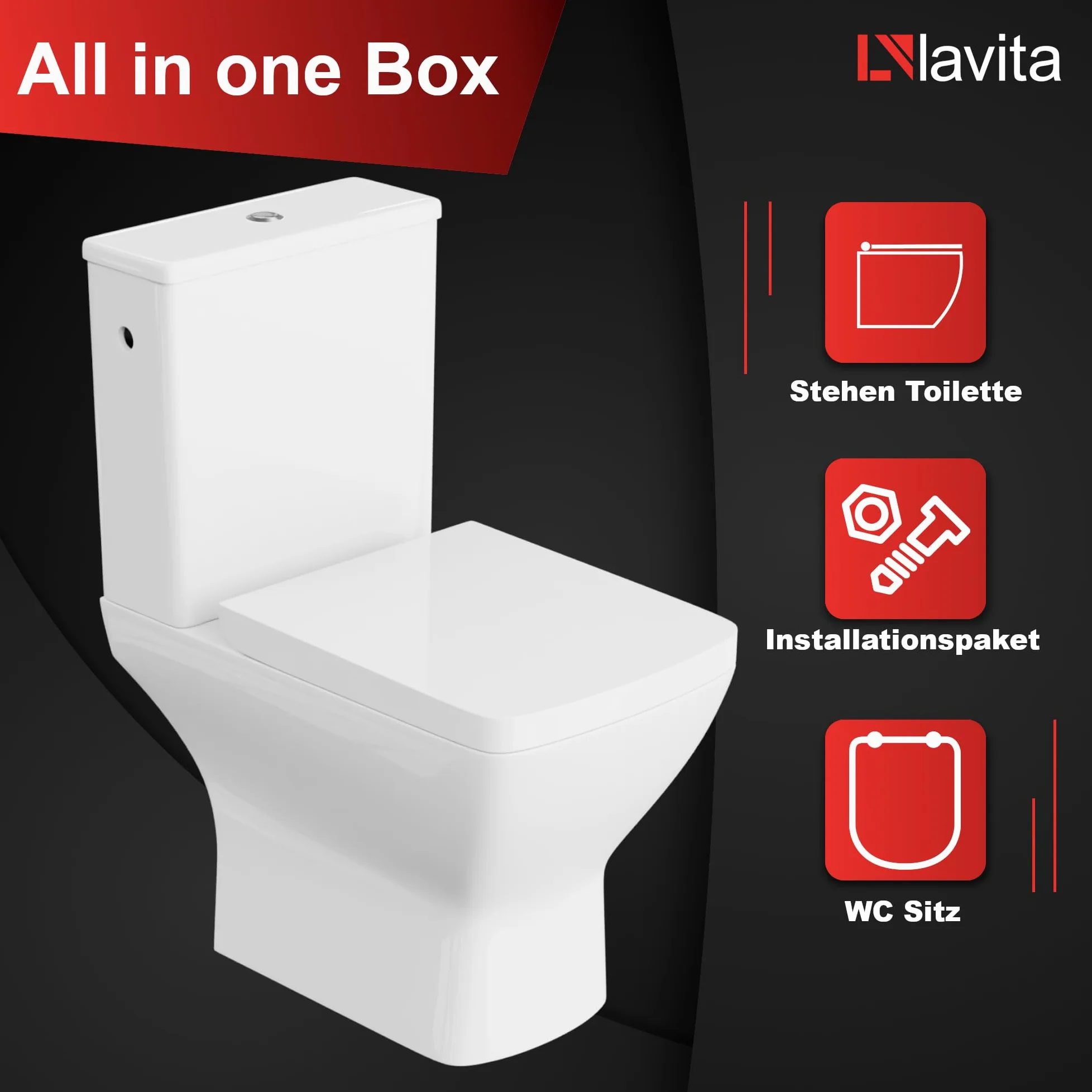 LAVITA WC a pavimento monopezzo con cassetta di risciacquo incorporata, coperchio WC con abbassamento automatico in ceramica, senza bordi