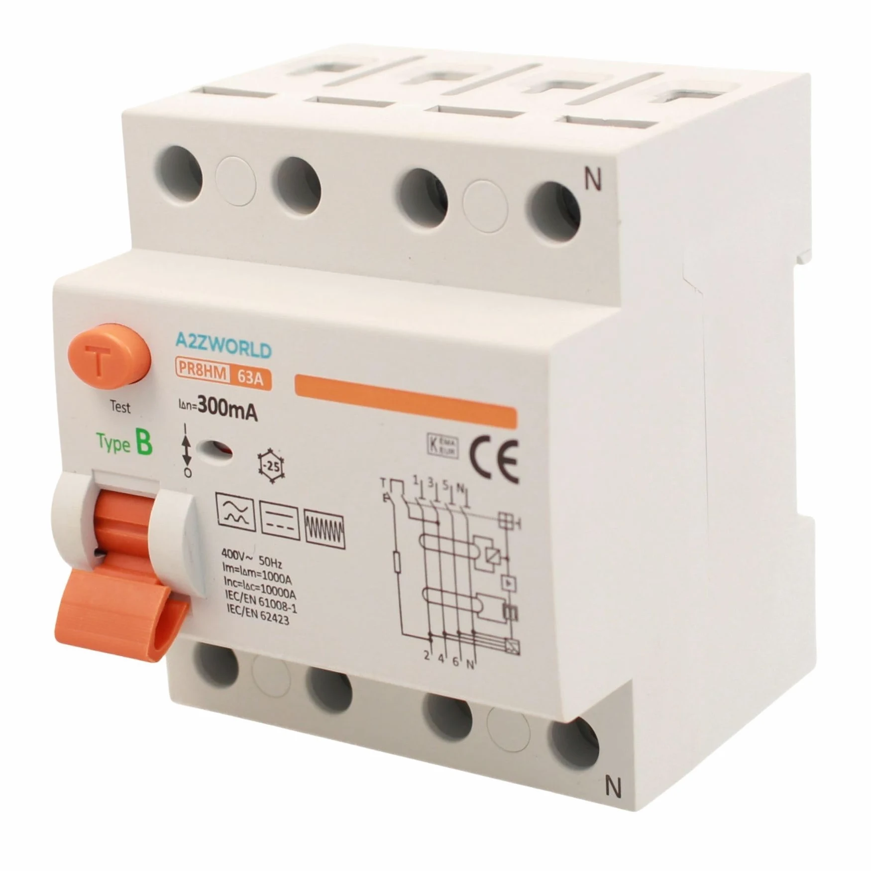 Interruttore Differenziale Puro Tipo B Trifase, Salvavita 300mA 63A, RCCB 3P+N 10kA 380V, 4 Moduli DIN, Serie PR8HM Elettromagnetica, Certificato IEC61008-1