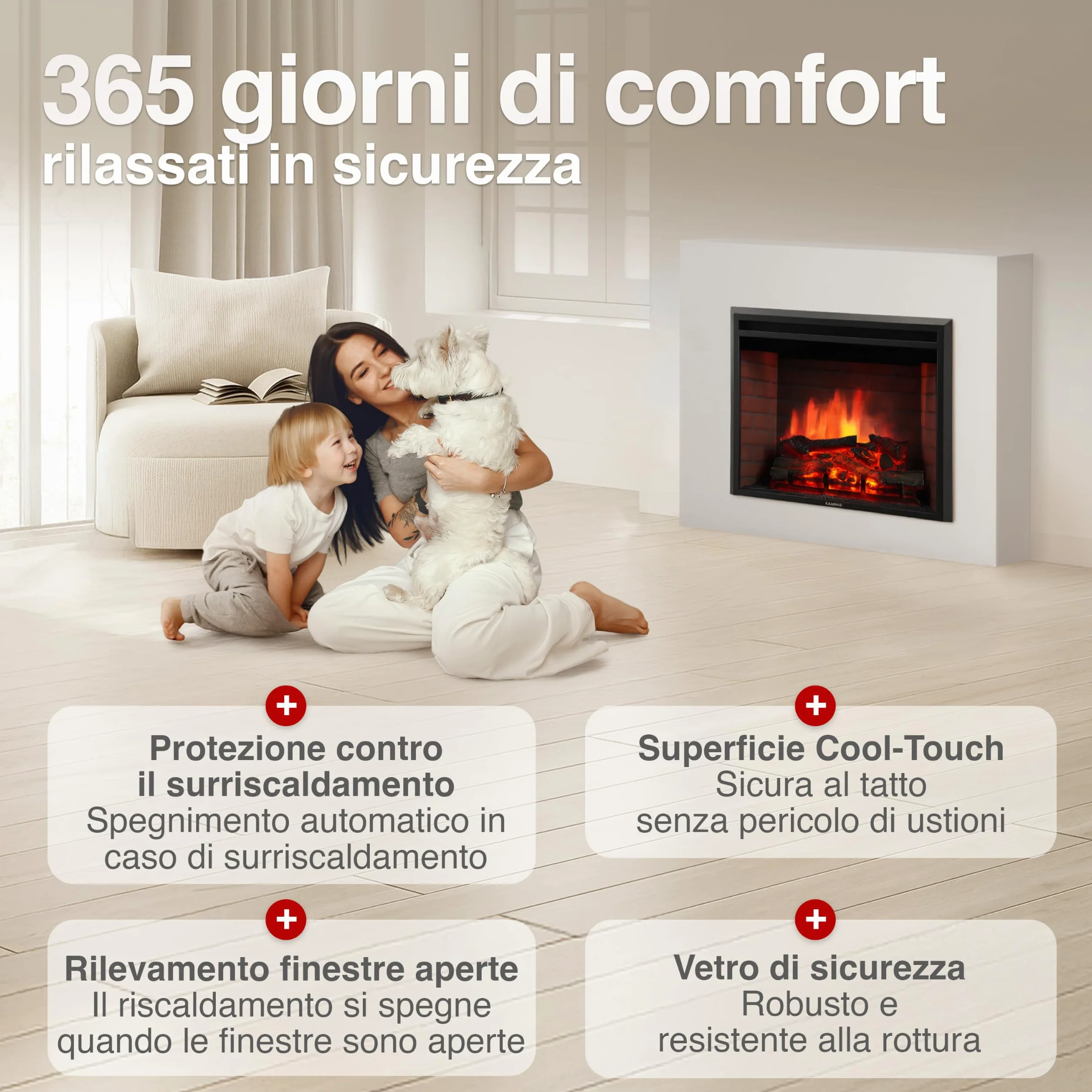 KAMINIO Camino elettrico LUCA - Camino elettrico a incasso con riscaldamento, effetto fiamma 3D, 12 colori di fiamma, telecomando (30 pollici)