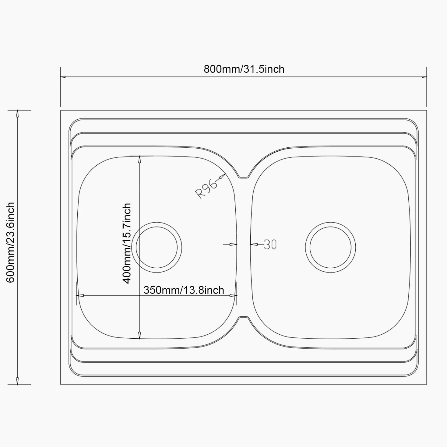 Lavello doppio in acciaio inox, 80 x 60 cm, con 2 vasche con sifone (80 * 60cm)