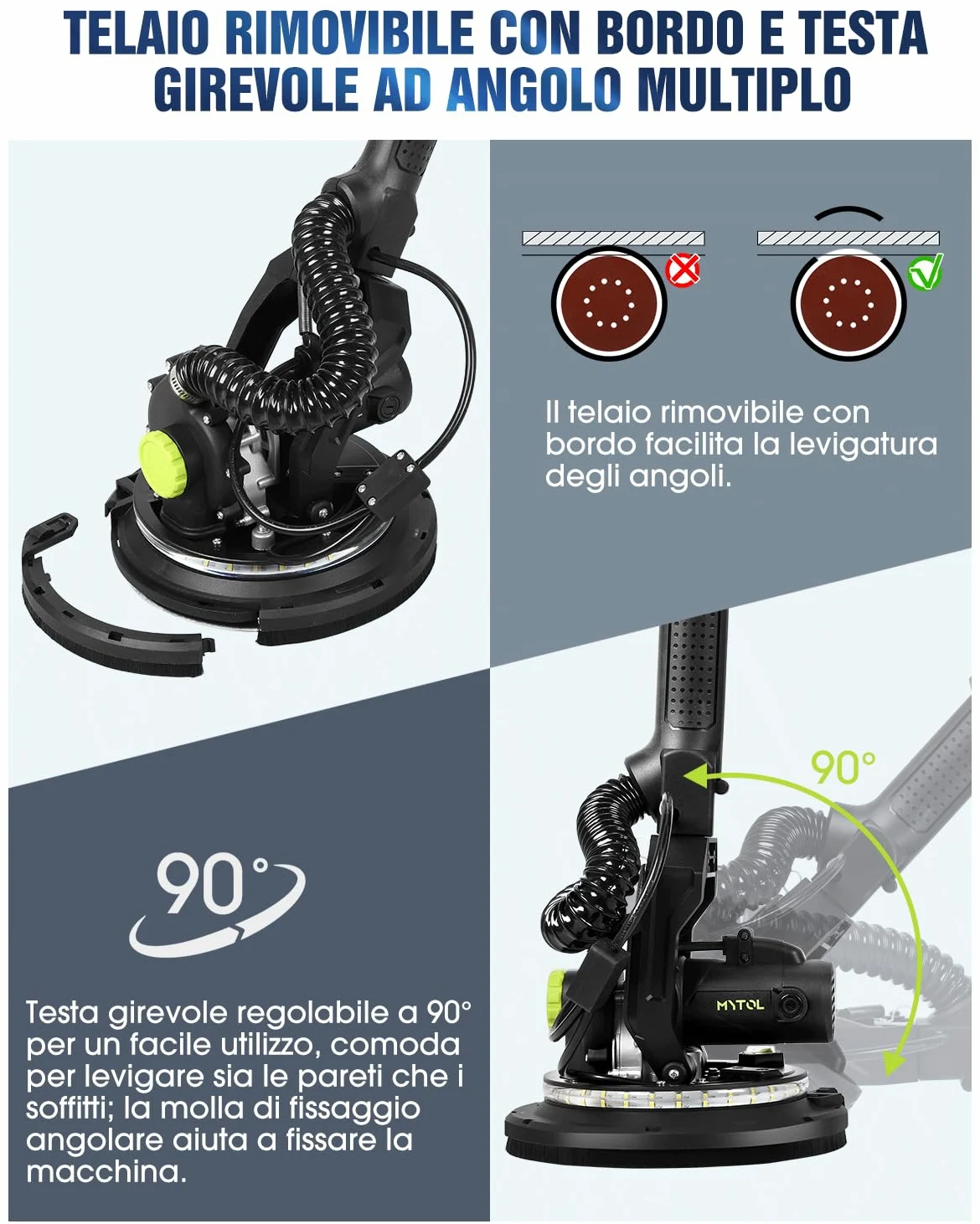 MYTOL Levigatrice per Muro con Aspiratore, 900W Elettrico Giraffa Levigatrice per cartongesso Manico Allungabile Pieghevole, 6 Velocità Variabili Massimo 1800U/min, Luce LED, 12 Carte Abrasive