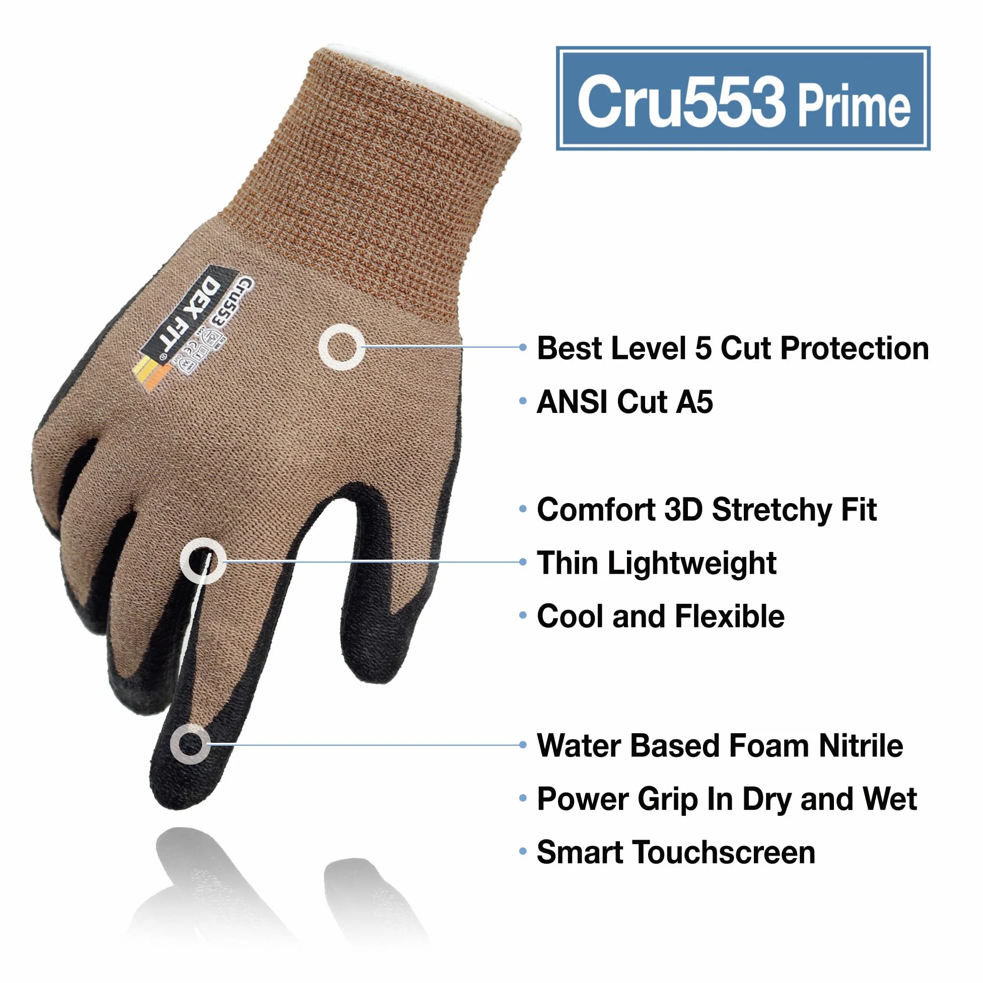 DEX FIT Cru553 Guanti Anti Taglio Livello 5-3D Fit, Presa Antiscivolo in Nitrile, Leggeri e Traspiranti, Resistenti, Touchscreen, Lavabili; Grigio 8 (M) 1 Paio