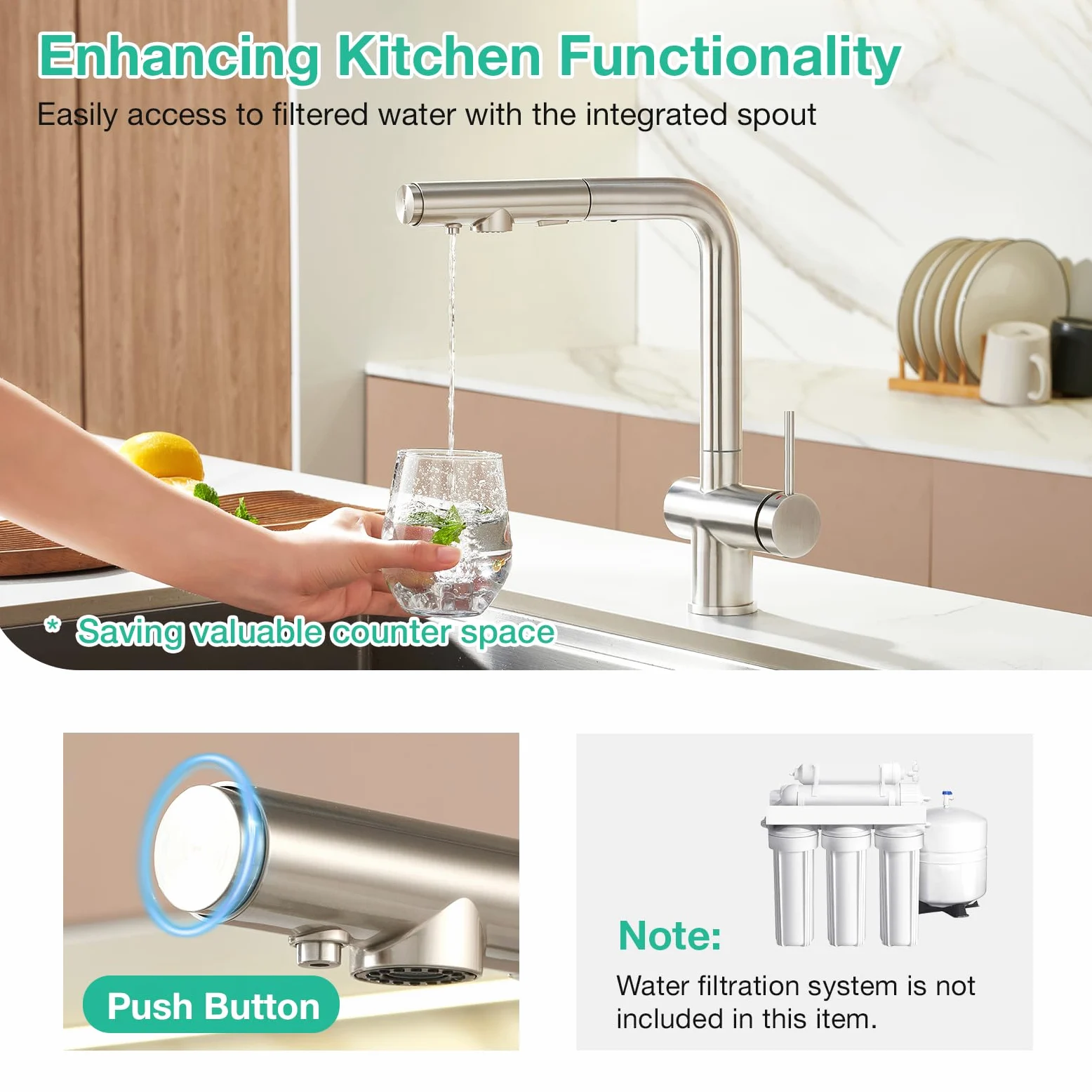 Faustina Rubinetto da cucina a 3 vie con doccetta estraibile, miscelatore monocomando, rubinetto per lavello, rubinetto da cucina per impianto di osmosi inversa e filtro dell'acqua in acciaio inox