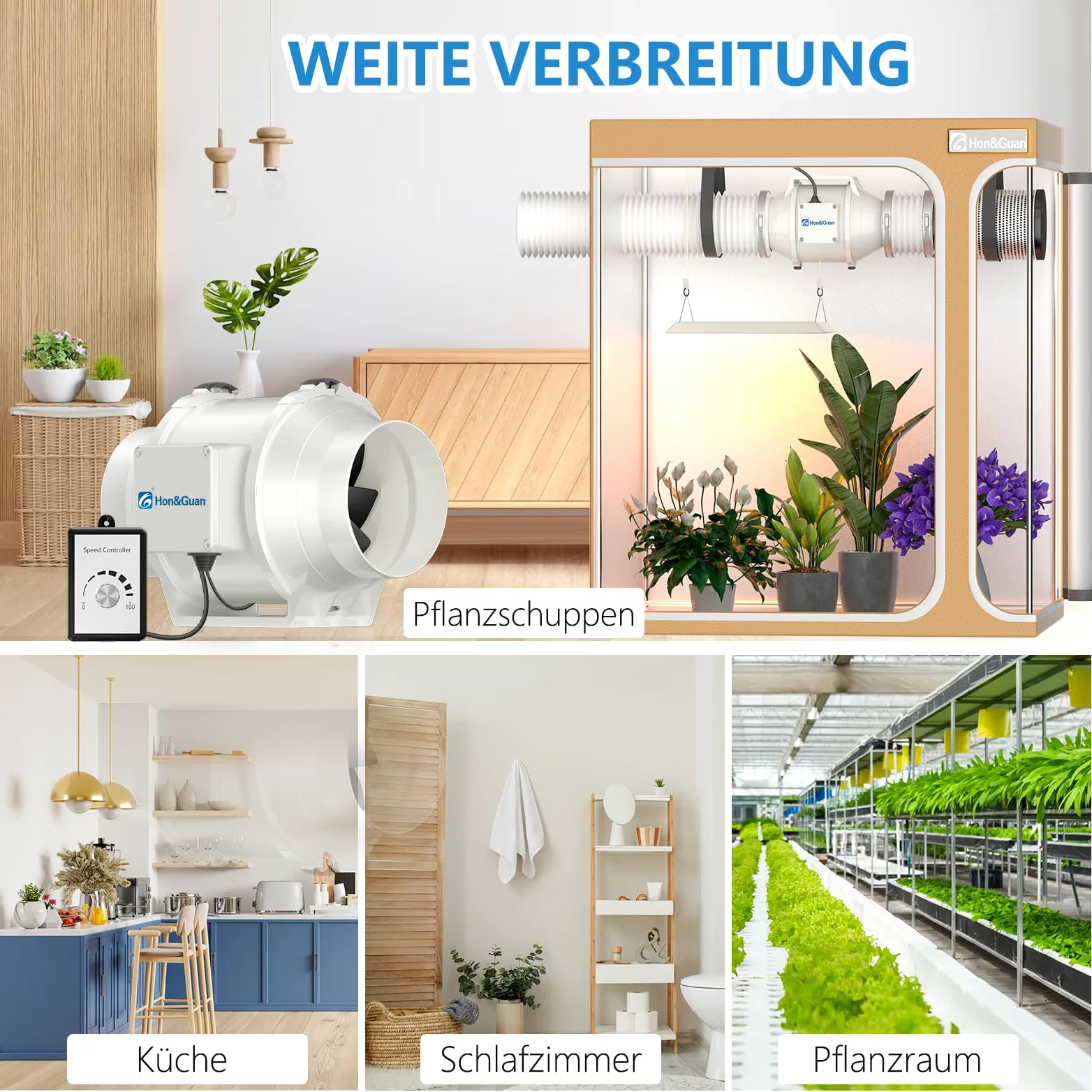 Hon&Guan Ventilatore tubolare regolabile EC da 125 mm, con regolatore di velocità, 561 m³/h, per Growbox, tende per la crescita, idroponica, cantina, garage da cucina