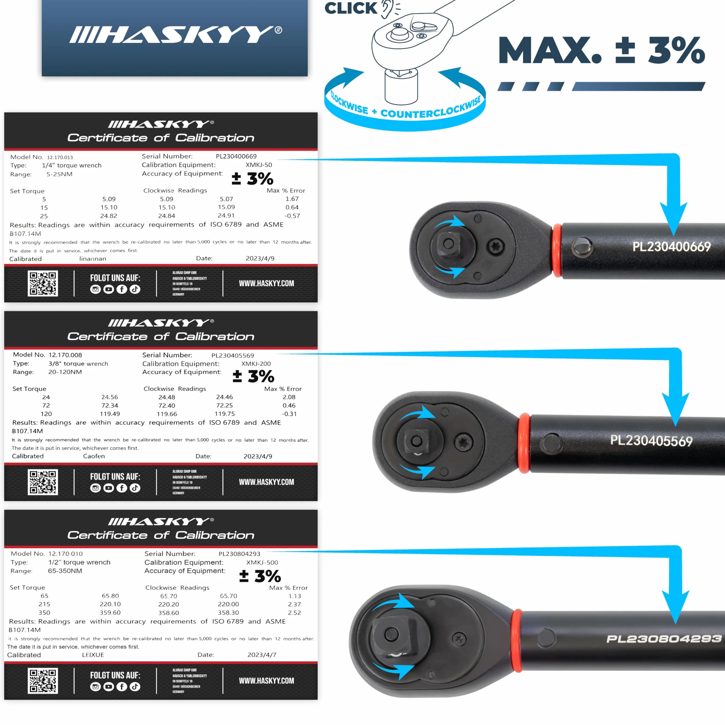 HASKYY Set di Chiave Dinamometrica da 1/4", 3/8", 1/2", 5-25 Nm, 20-120 Nm, 65-350 Nm, 3 pezzi, per bicicletta, moto, motore, auto, industria, coppia di cricchetto, chiave a cricchetto