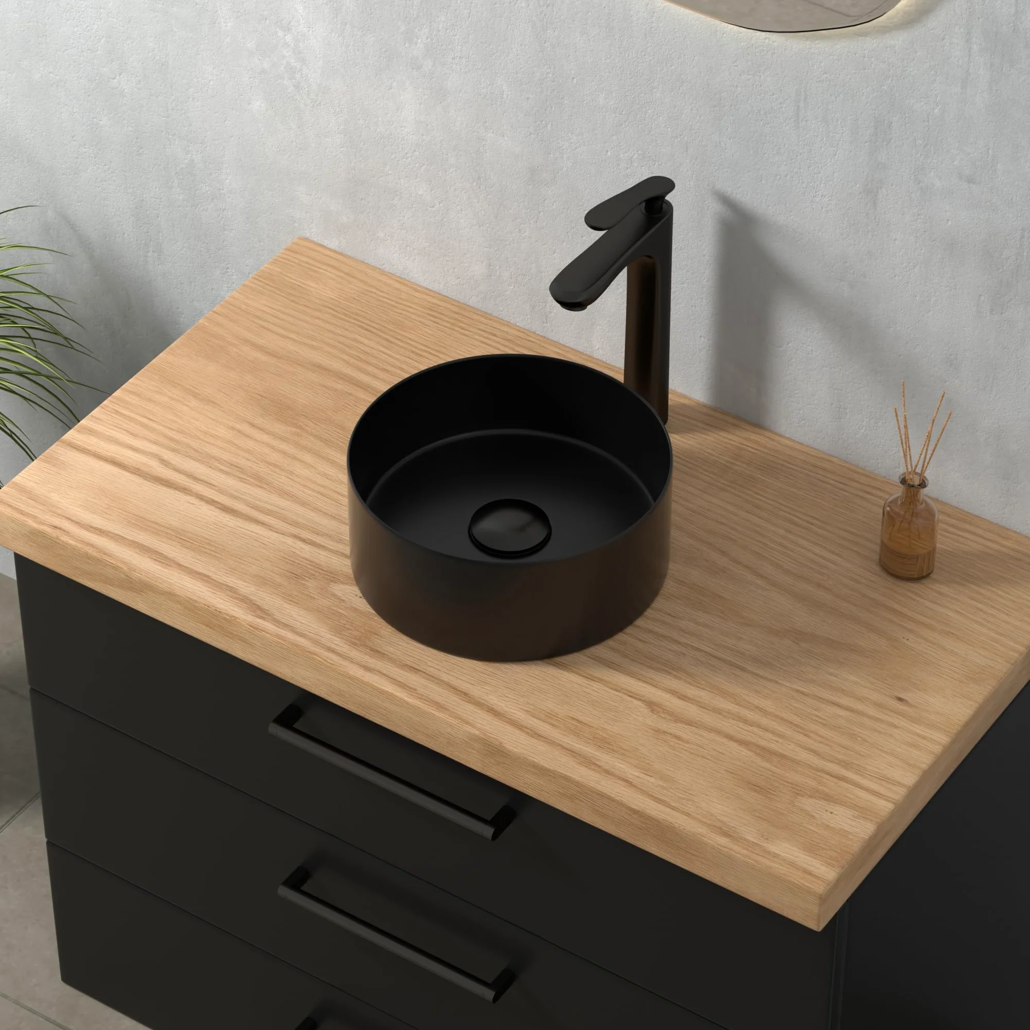 Lavabo rotondo, nero, mini lavabo a mano in elegante design facile da pulire, per bagno e WC degli ospiti (nero opaco, 30 x 30 x 12 cm)