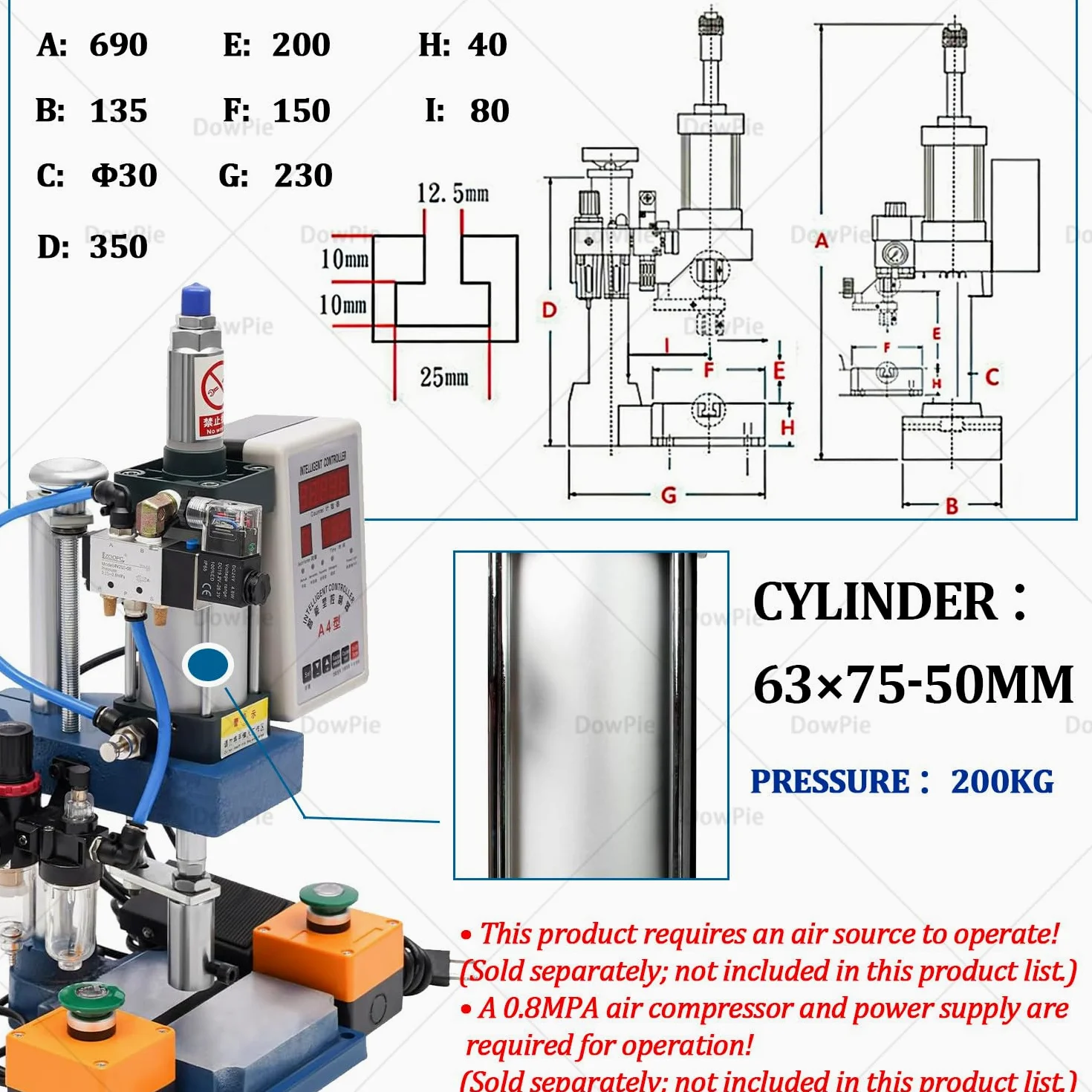 Macchina per stampaggio Pneumatico ad Alta precisione, pressa pneumatica con 4 configurazioni opzionali per Officina, pressa per Cuscinetti, rivettatura e stampaggio di materie plastiche. B