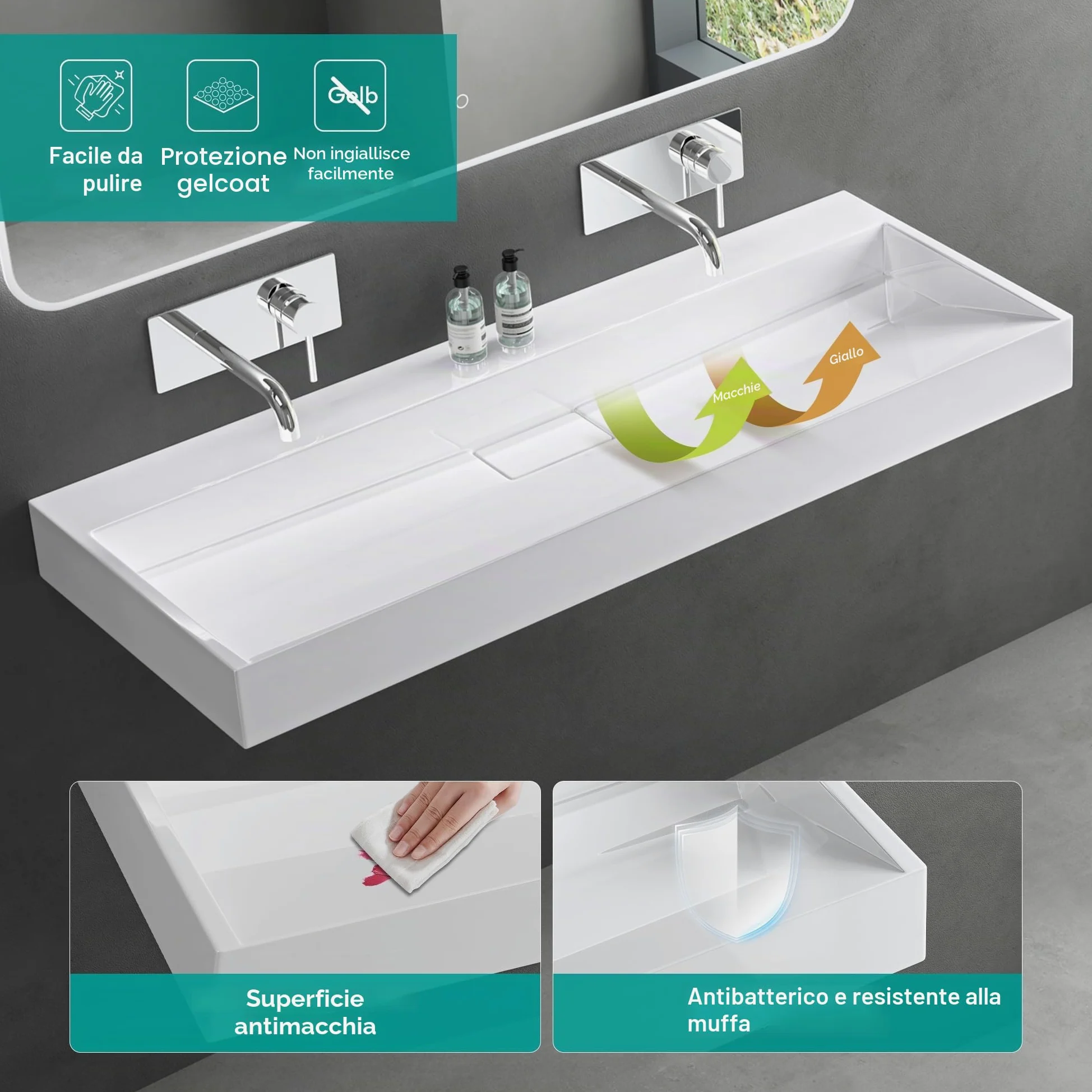 Mai & Mai Lavabo da Appoggio 120x46x11cm, Lavabo Bagno Sospeso Lavandino Bagno con Piletta di Scarico Lavabo da Minerale fuso senza Foro per Rubinetteria, Colossum19-1200OA
