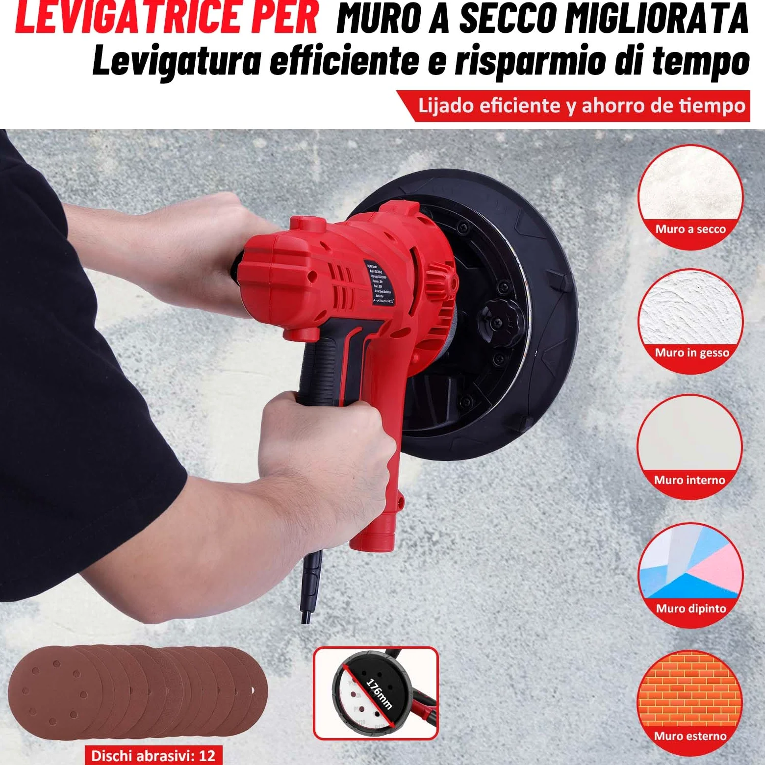 Geevorks Levigatrice per Muro, 850W Levigatrice a Secco Velocità Variabile 1500-2600 Giri al Minuto, Aspirazione Polvere Automatica con Luce a LED, Doppio Manico, Sacco di Raccolta e12 Dischi Abrasivi