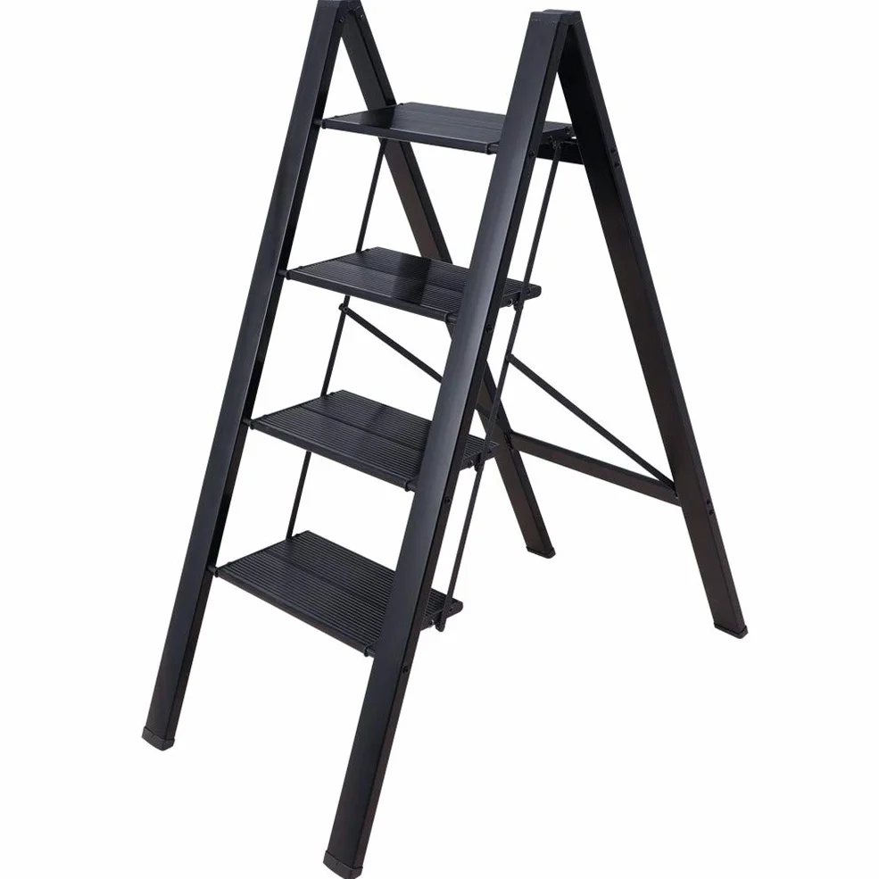 BAOYOUNI Scaletta Pieghevole in Alluminio 4 Gradini Sgabello Leggera Resistente con Pedale Antiscivolo Scala per uso Domestico, Ufficio, Garage, Giardino, Pittura, può Portare Fino a 135 kg, Nero