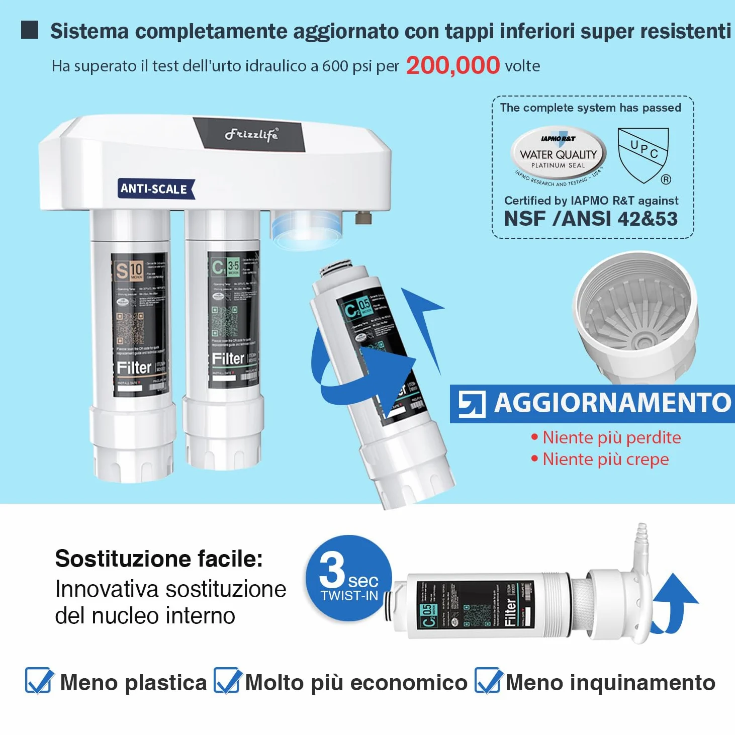 Frizzlife SP99-NEW, sistema di filtrazione dell'acqua sottolavello con rubinetto in nichel spazzolato, certificato 0,5 micron a 3 stadi, rimuove il 99,99% di piombo, cloro, cloramina, fluoro, Scale