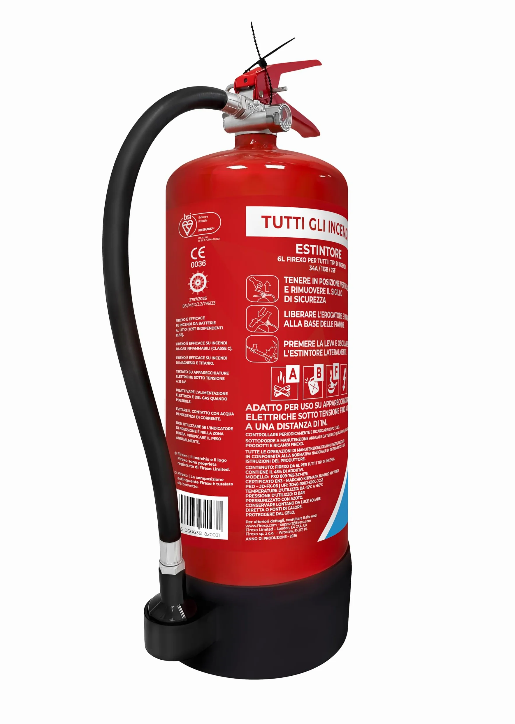 Firexo Estintore (6 Liter) - Fire Extinguisher Per Casa, Ristorante, Cucina, Camper, Lavoro, Barca, Camino - Estintore per tutte le classi di incendio