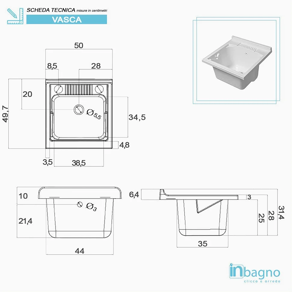 Inbagno Mobile lavatoio da Esterno 50x50 in Resina, Include ASSE lavapanni e Kit di Scarico, in Kit di Montaggio