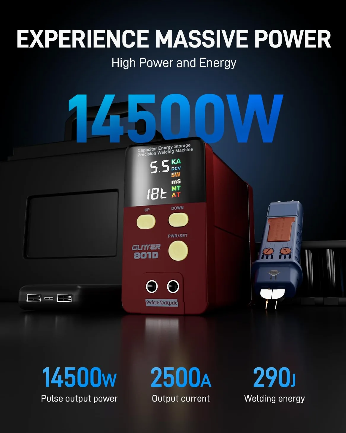 GLITTER 801D Saldatrice a Punti per Batterie, 14500W 2500A, Saldatrice a Impulsi con Condensatore per Riparazione Batterie al Litio 18650, 100-240V