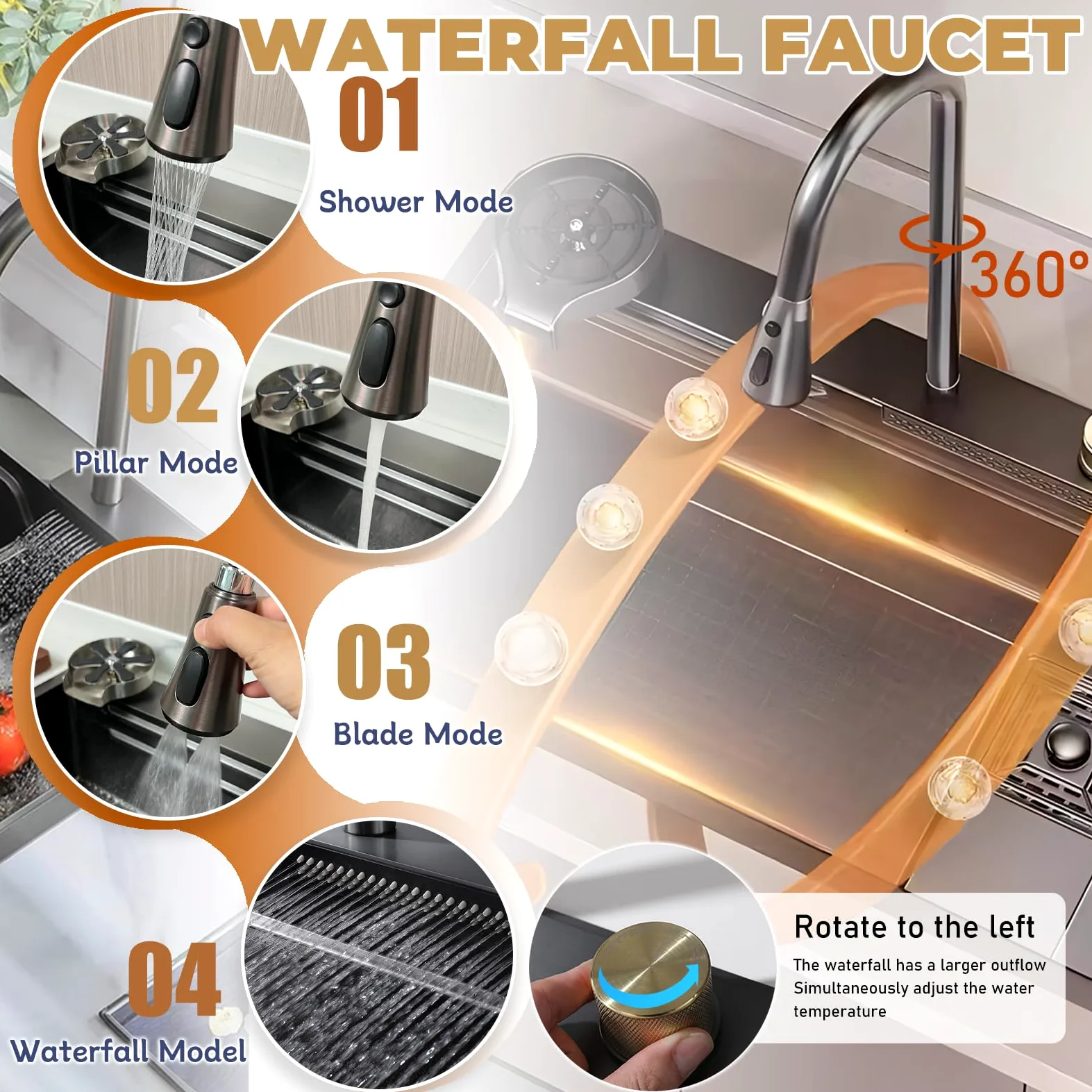 80x50cm Lavello da cascata nero, multifunzionale Lavello Cucina 1 Vasca in Acciaio Inox, con Rubinetto Estraibile, sifone e Set di Drenaggio, e vari accessor, lavello domestico set