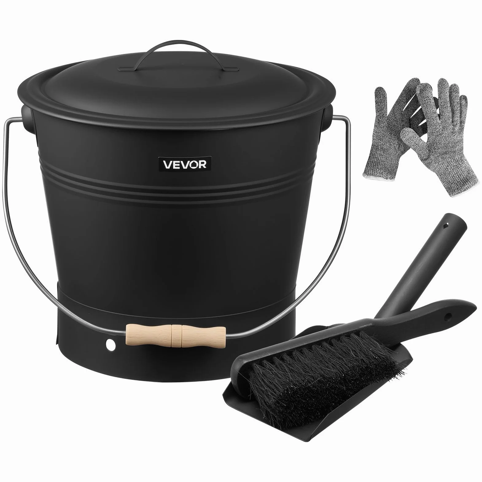VEVOR Secchio per Cenere per Camino, 4 Pezzi con Coperchio, Pala, Scopa e Guanti, Secchio per Carbone e Contenitore per Cenere in Metallo per Caminetti, Capacità 9,8 L per Caminetti, Bracieri