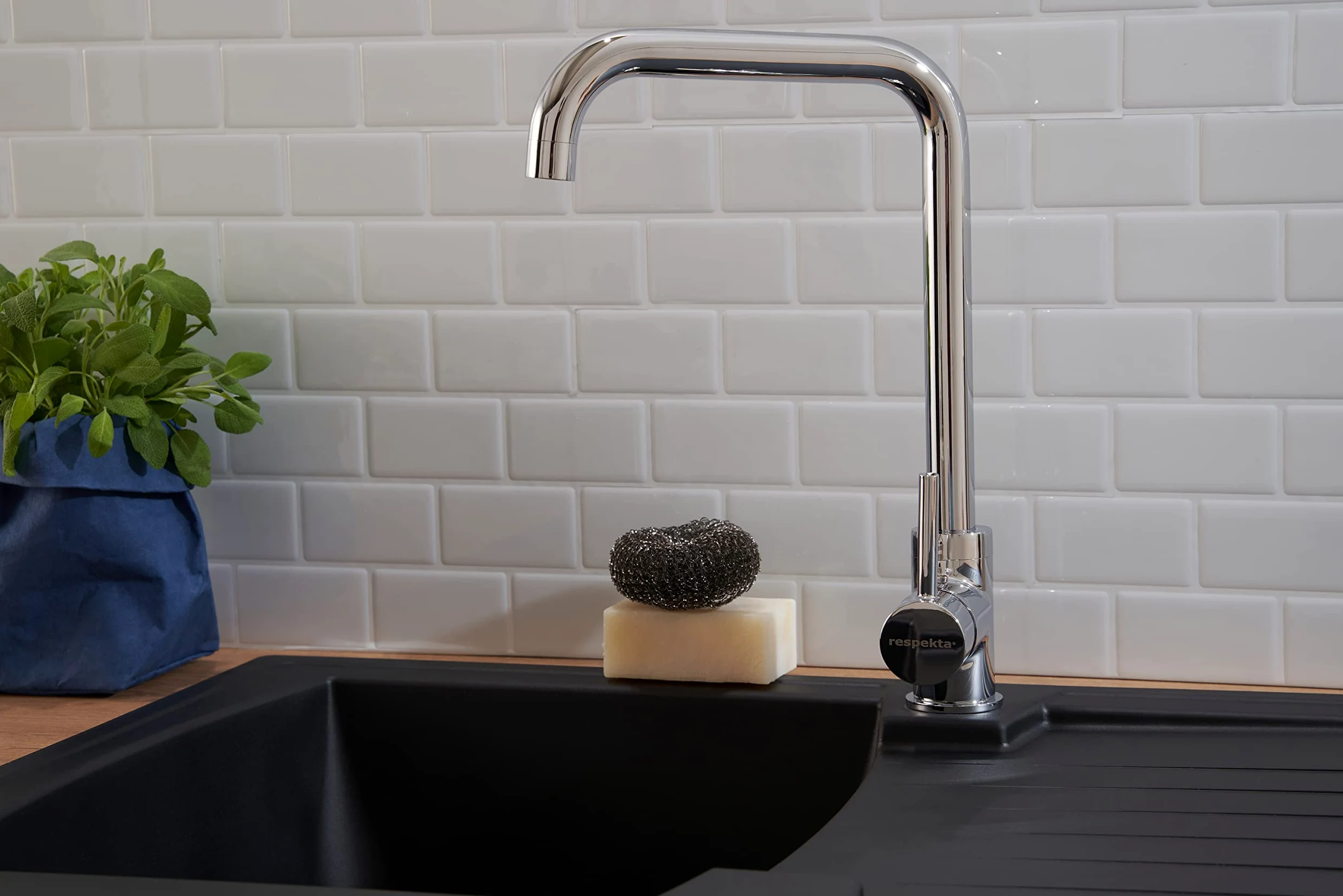 Respekta Lavello da Cucina in Mineralite Color Nero, Lavello da Incasso con 1 vasca, dimensioni 86 x 50 cm, Lavello Adatto per Mobili Sottolavello da 45 cm di Larghezza