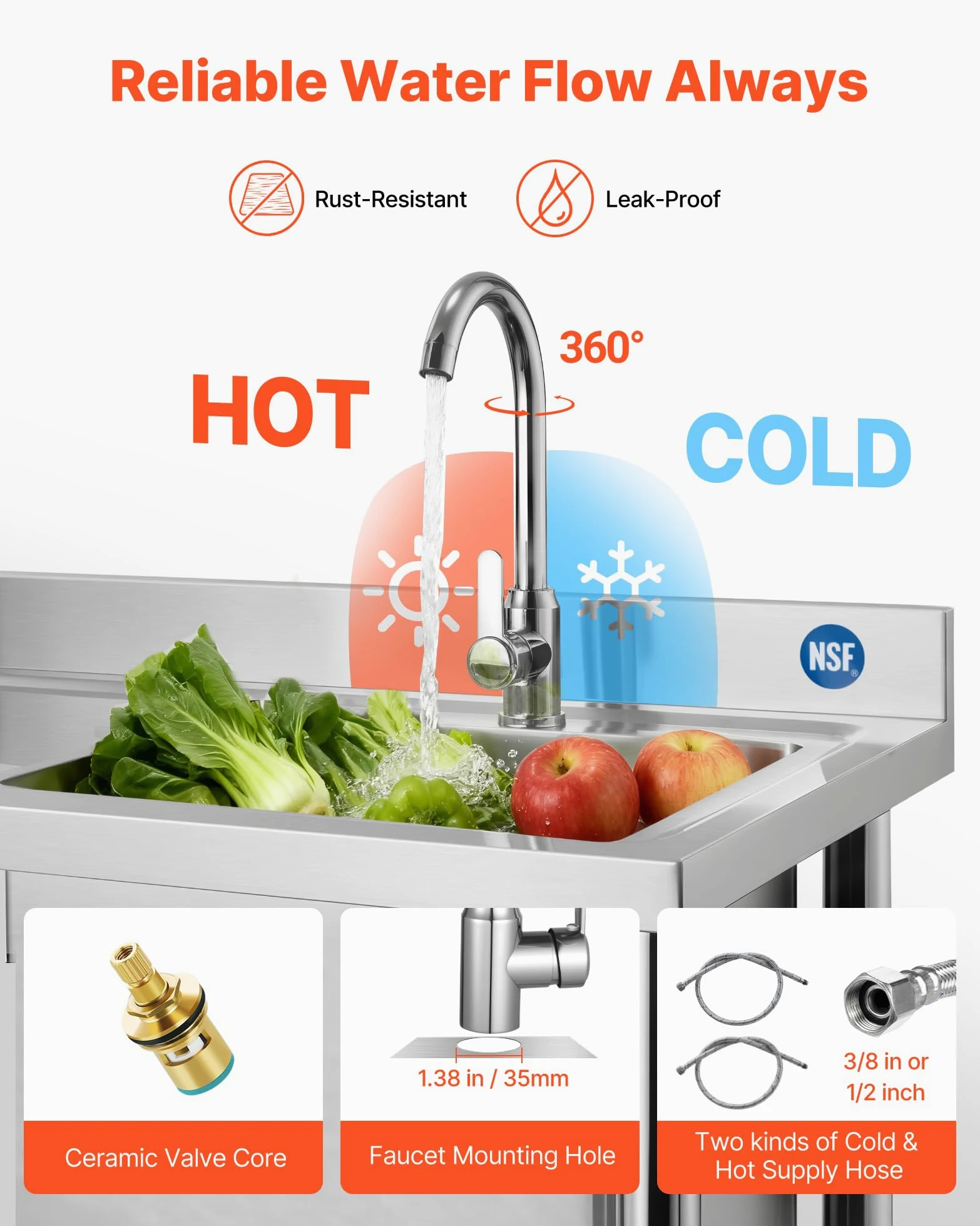 VEVOR Lavandino Mobile da Cucina 1200 x 500 x 940 mm, Vasca Singola con Rubinetto e Cassetto, Lavello da Cucina per Garage, Ristorante, Lavanderia, Lavabo da Esterno con Piano di Lavoro Sinistra