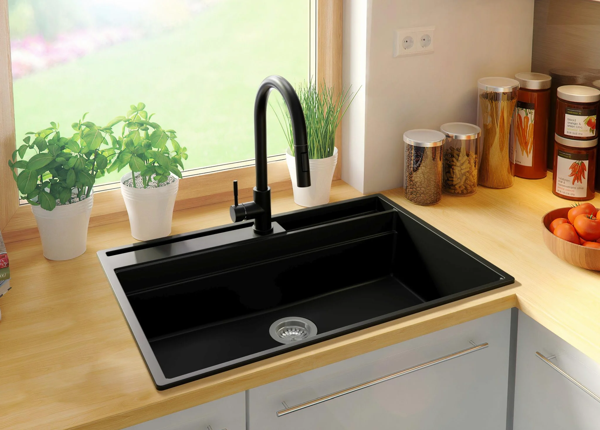 PRIMAGRAN Lavello da Cucina Nero 78x53cm, Lavandino in Granito a 1 vasca + Sifone Classico, Lavabo da Cucina Incasso al Mobile 80cm - Oslo Pocket S335