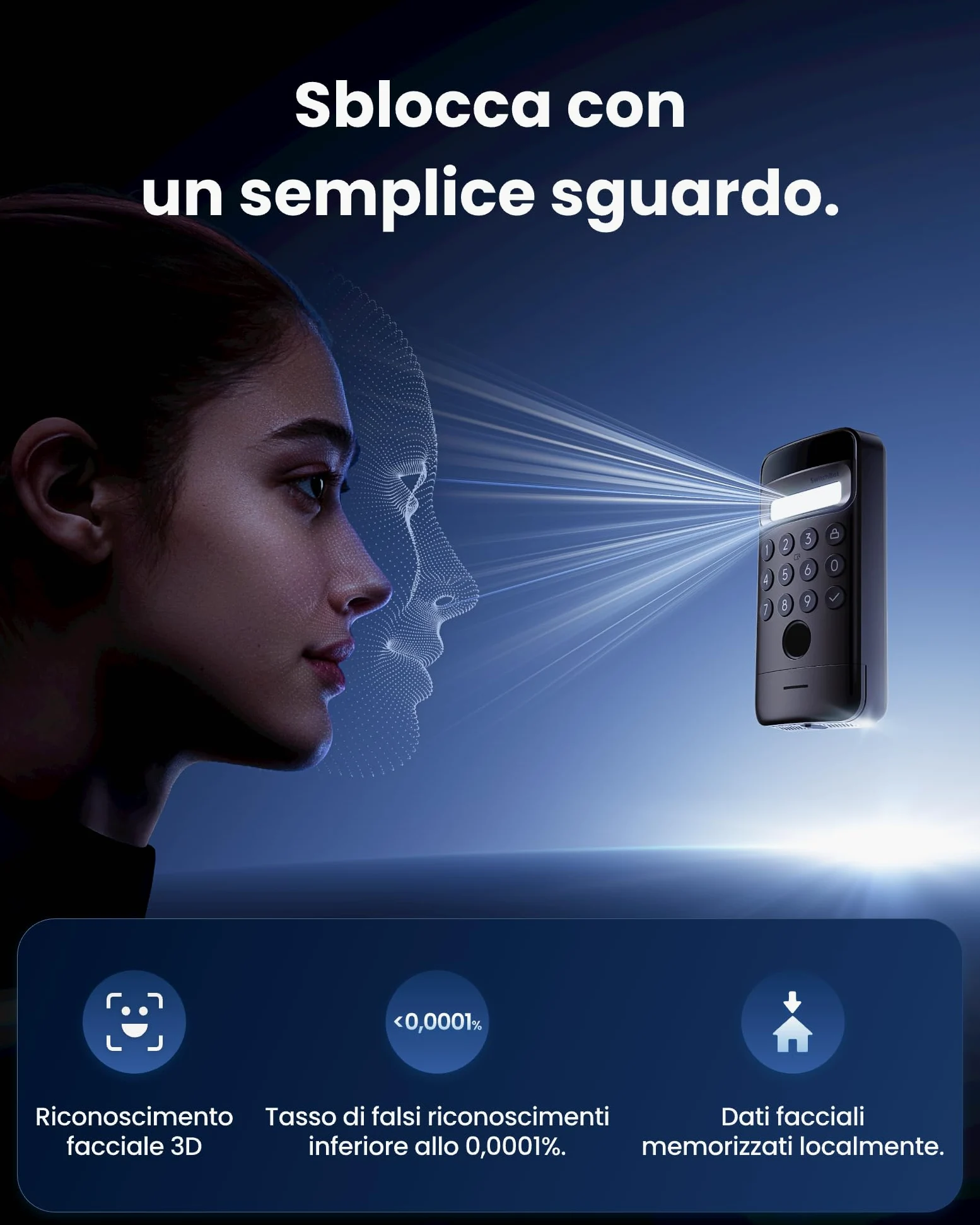 SwitchBot WiFi Smart Lock Ultra con Tastierino Vision Pro, riconoscimento 3D di volto e vene palmari, sblocco contactless, compatibile con cilindri europei. Supporta Matter, Alexa, Google e IFTTT