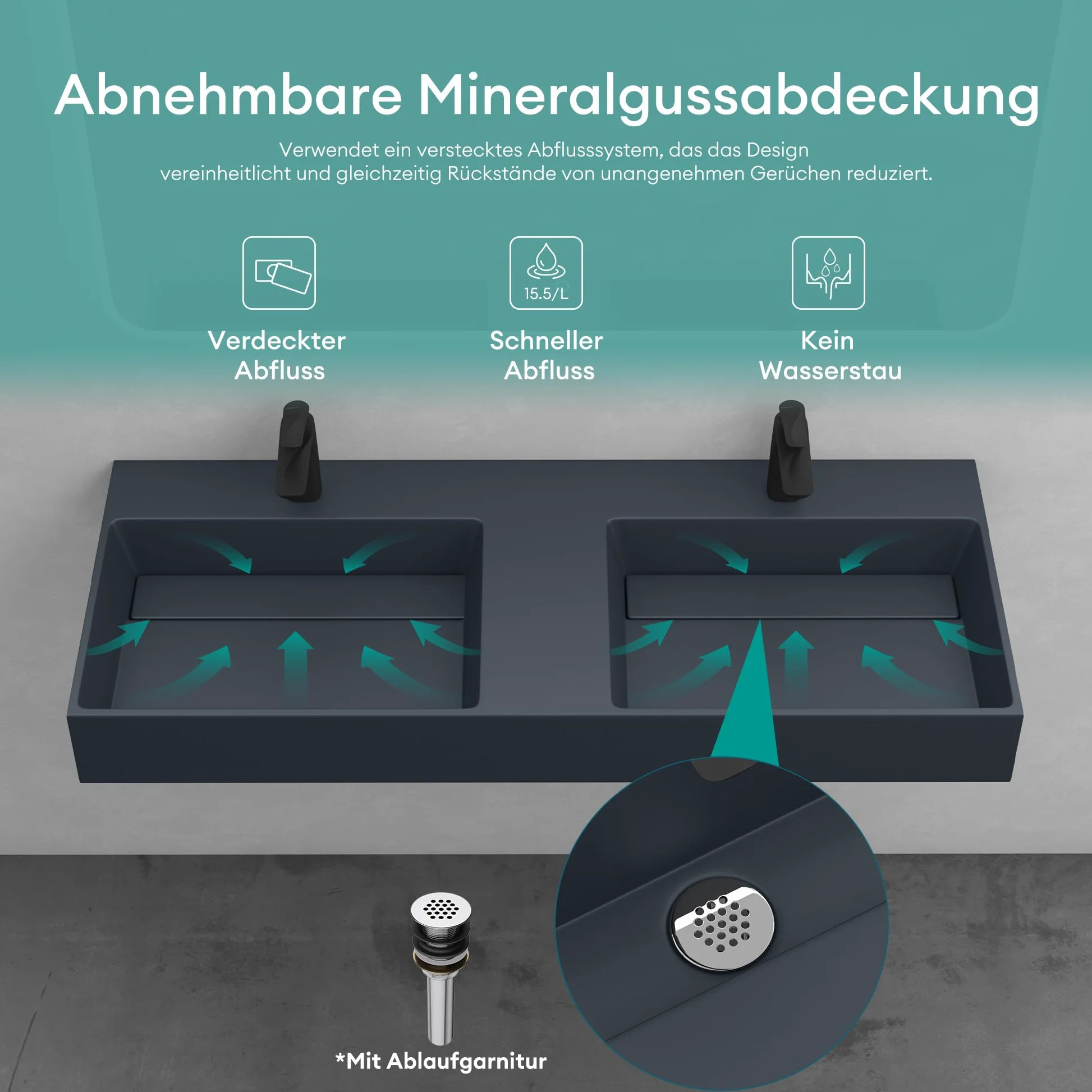 Mai & Mai Lavabo da Appoggio Doppio 120x48x13cm, Lavandino Bagno Colossum12 Lavabo da Minerale Fuso Senza Troppopieno, due Foro per Rubinetteria, Antracite