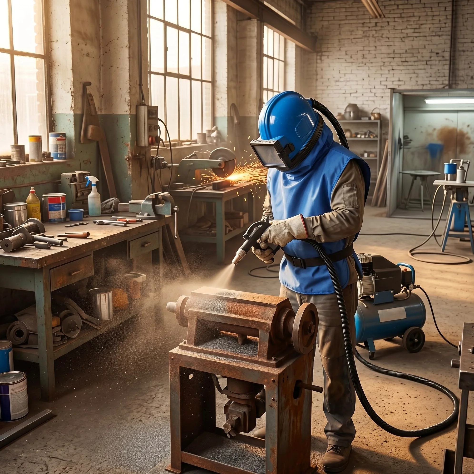 Casco Sabbiatura Professionale con Lenti Regolabili Doppio Strato Flusso Aria per Pittura Taglio Pulizia