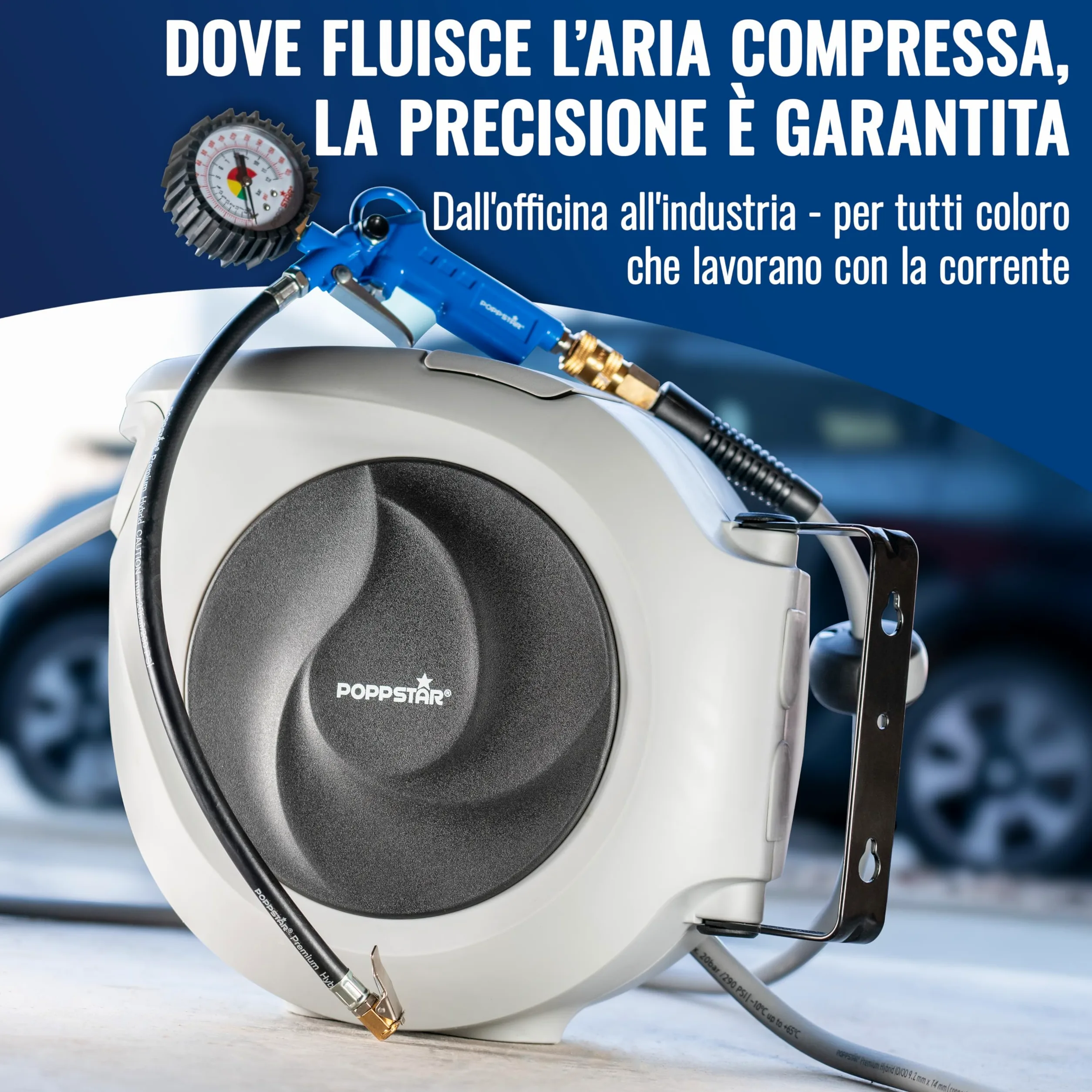 Poppstar Avvolgitubo per tubi ad aria compressa (15m+1,1m, diametro 3/8" (9,2x14mm)), attacco rapido 1/4" BSPT, avvolgitubo con tubo PVC ibrido