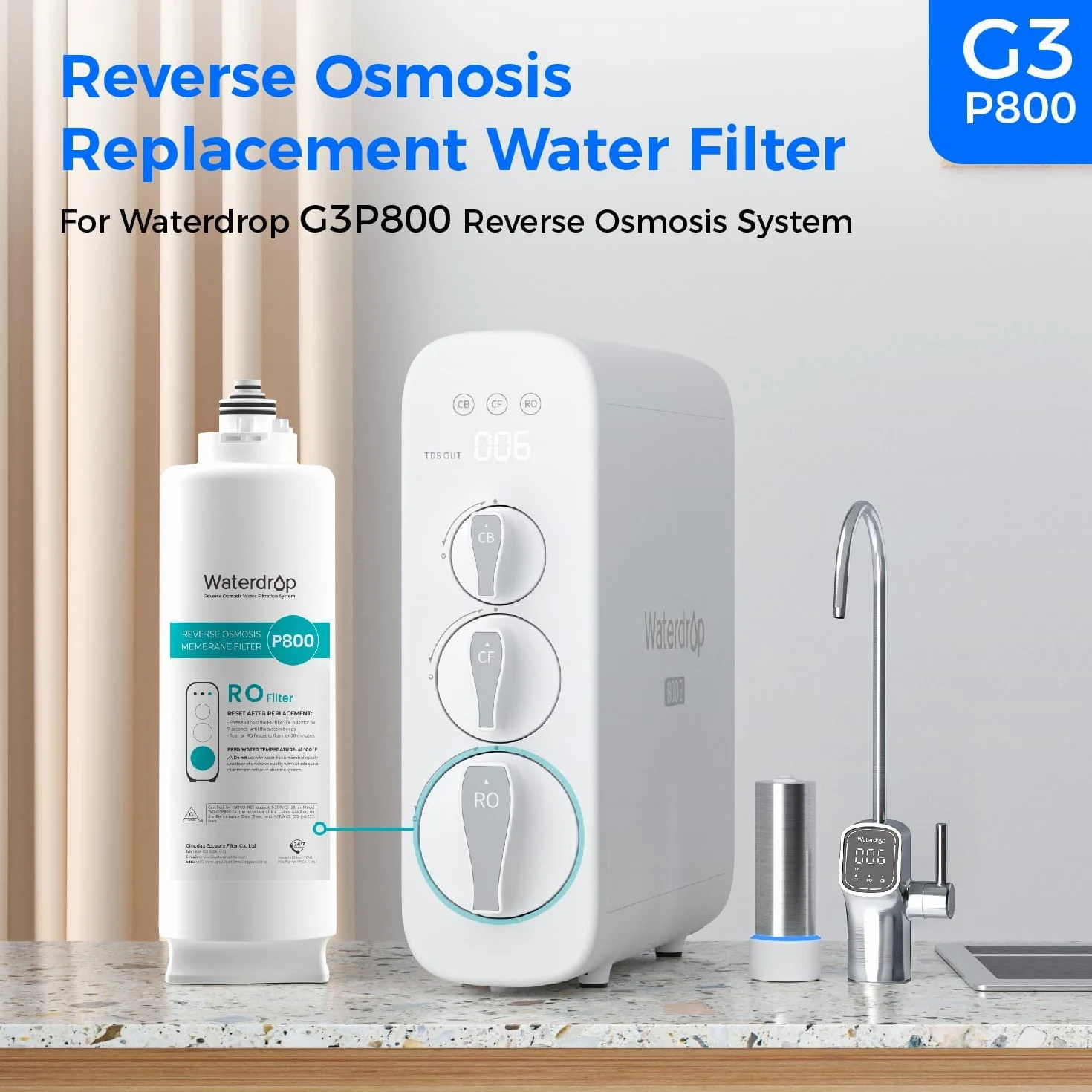 Waterdrop WD-G3P800-N2RO Filtro, Ricambio per il Sistema Aosmosi Inversa Senza Serbatoio WD-G3P800-W, Ridurre PFAS, Durata di 2 Anni