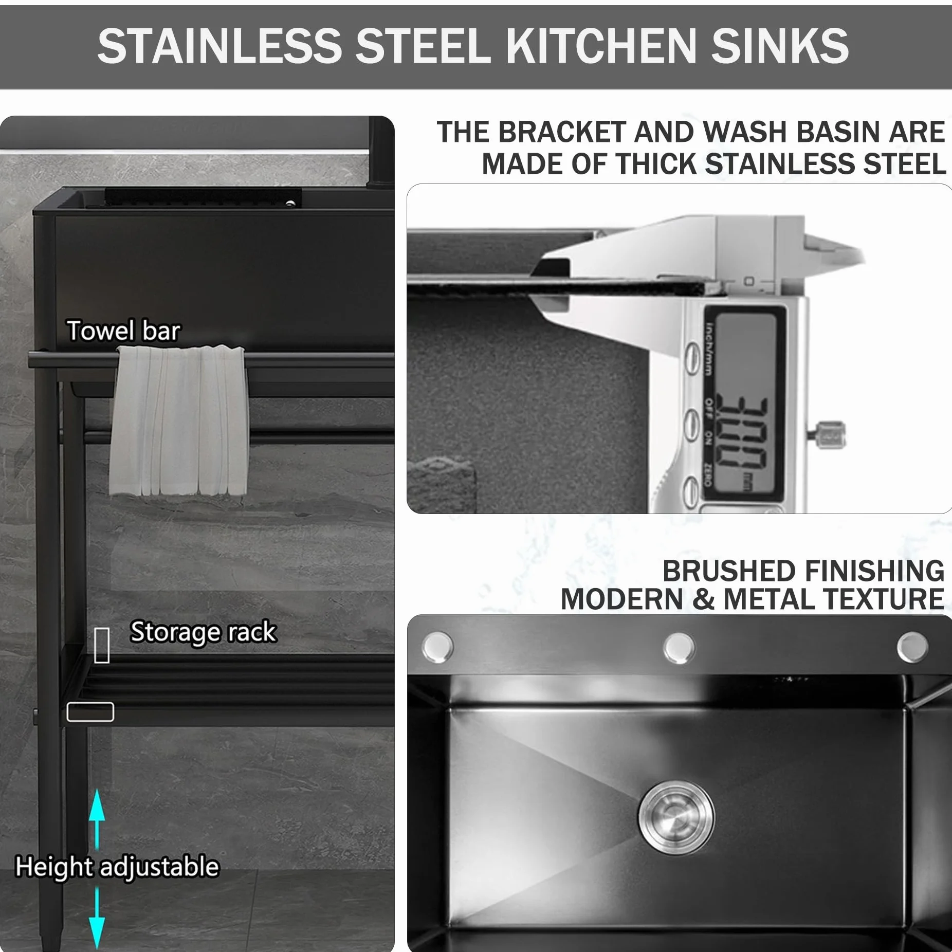 Lavello Cucina con Mobile,Lavandino da Esterno con Rubinetto,Lavabo Lavanderia in Acciaio Inox Professionale 1 Vasca,Lavatoio Nero Multifunzione,Lavelli Bagno Autoportante,per Interno(60x45x86cm)