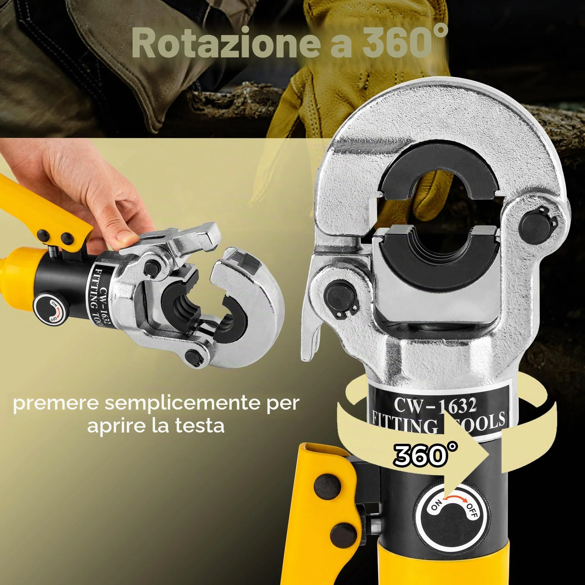 CGOLDENWALL Crimpatrice Idraulica Tubi Multistrato, con Stampi TH16 20 26 32 mm², Uscita 16T, con Testa di Crimpaggio Girevole a 360°, per Tubi in Rame/Alluminio Plastica/Pex/PB