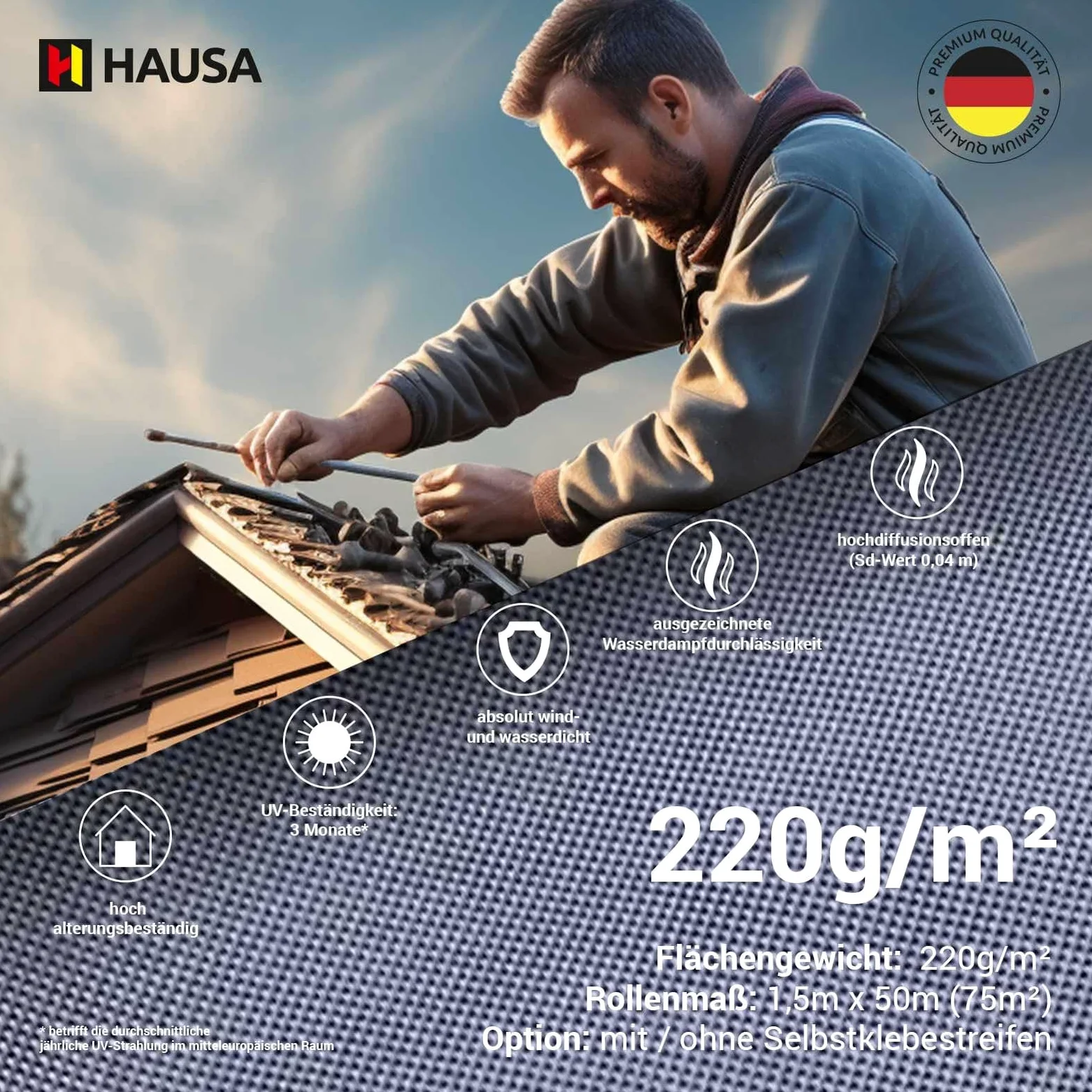 HAUSA Pannello sottostruttura Platinum HU220SK, 220 g/m², 75 m² (1,5 mx50 m), pellicola per tetti Platinum HU220SK, con 2 strisce adesive ad alta diffusione, impermeabile, resistente agli urti