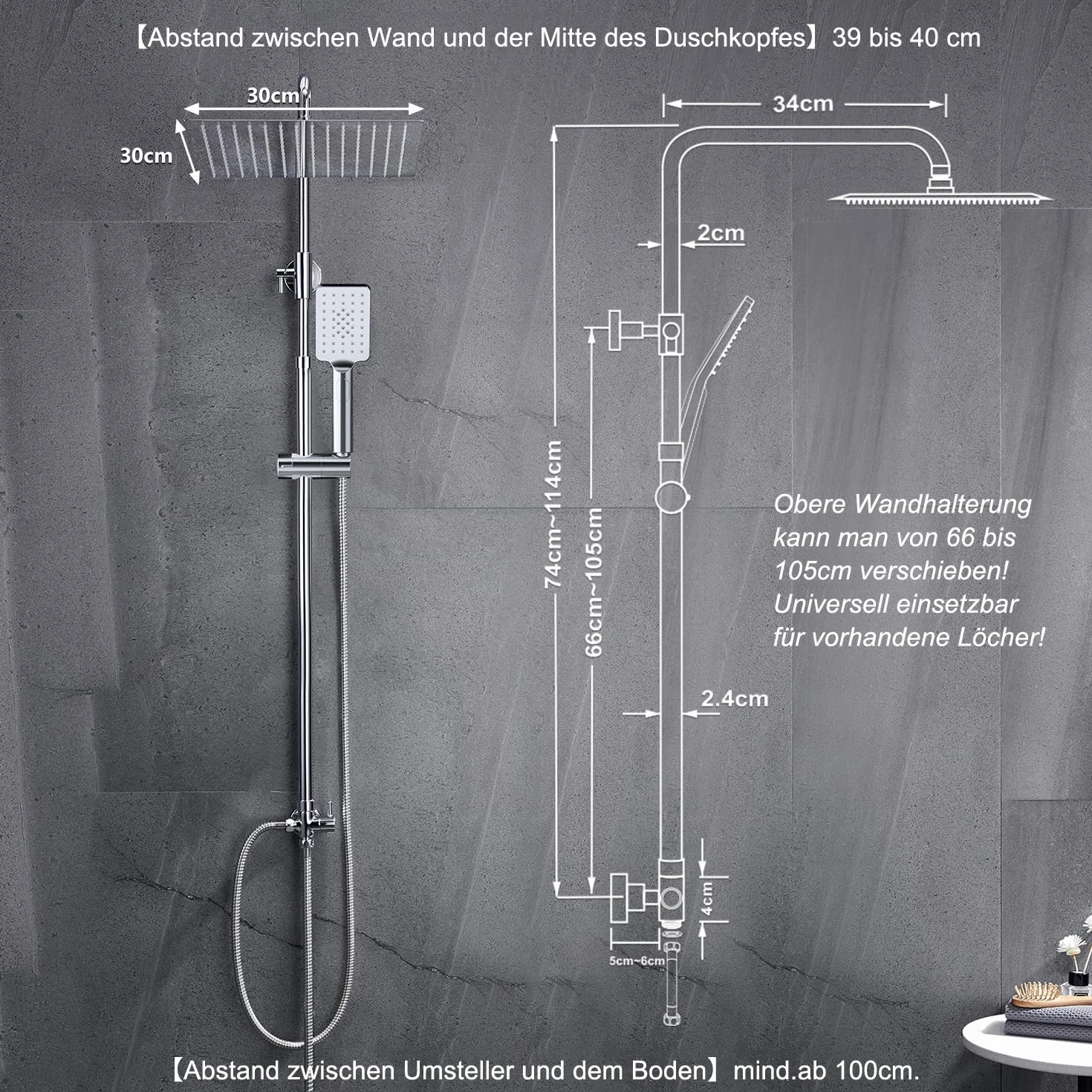 Görbach Colonna Doccia senza Miscelatore, Colonna Doccia Acciaio Inox con Saliscendi Doccia Altezza Regolabile 74-114cm, Set Doccia a Pioggia con Doccetta e Mensola, Soffione 30x30cm, Cromo