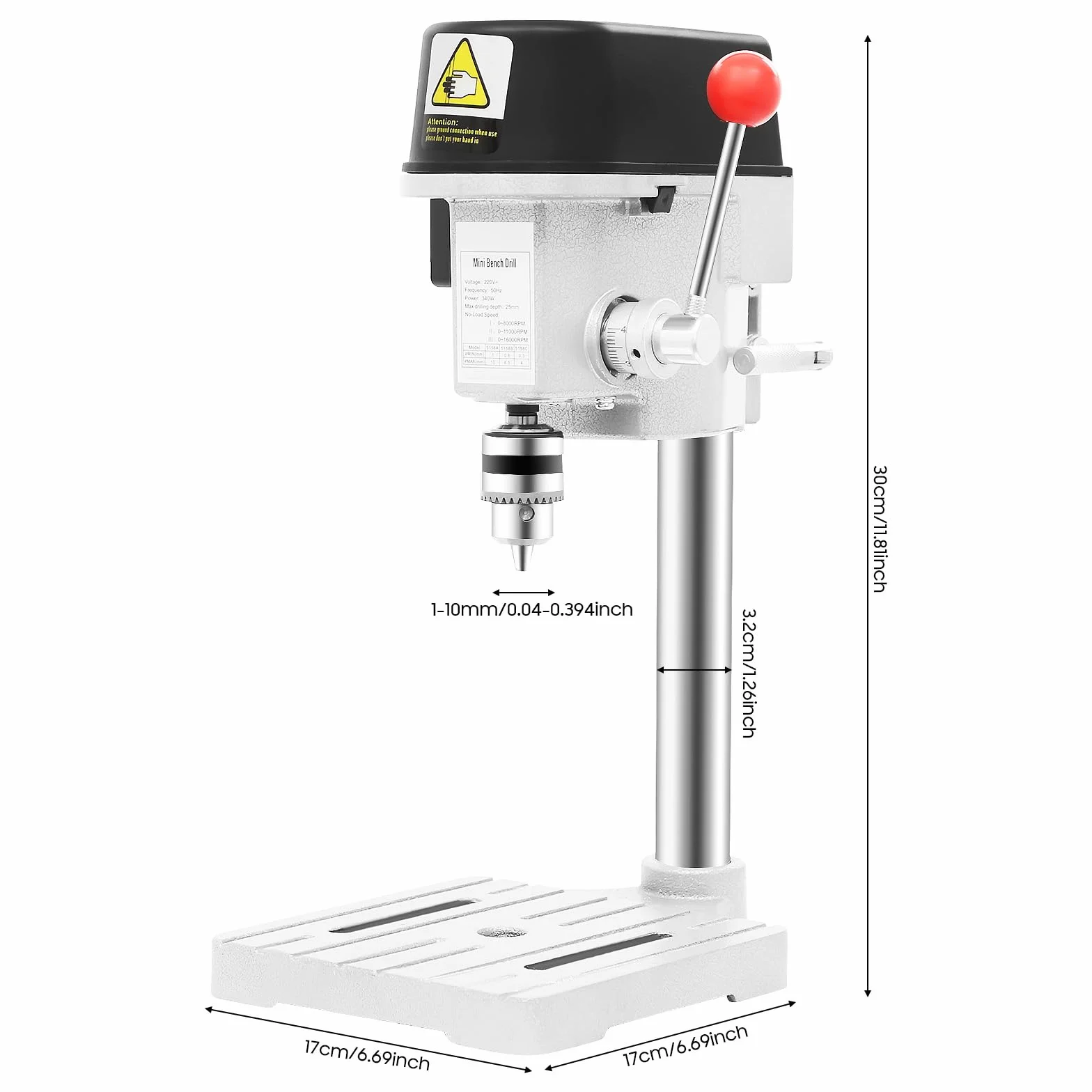 Mini trapano a colonna 340 W, trapano portatile da tavolo in ghisa e acciaio color argento/nero, per lavorazione del legno, modellismo fai da te e banco da lavoro