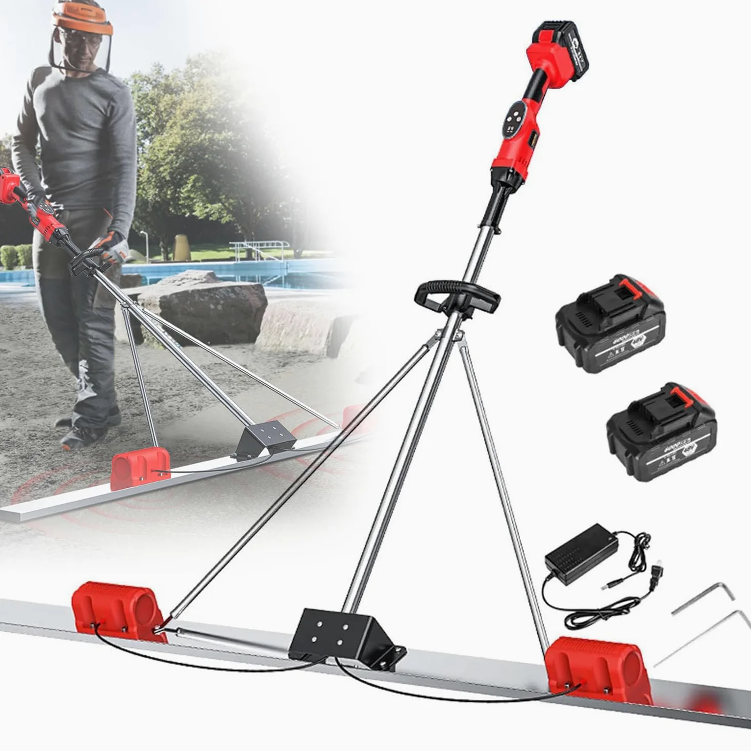 Raschietto Elettrico per calcestruzzo 150CM/180CM, Kit Vibrante per massetto in calcestruzzo, utensile per Finitura in calcestruzzo, 6000 Giri/min con Batteria Ricaricabile 2 * 25000mA,1.5m