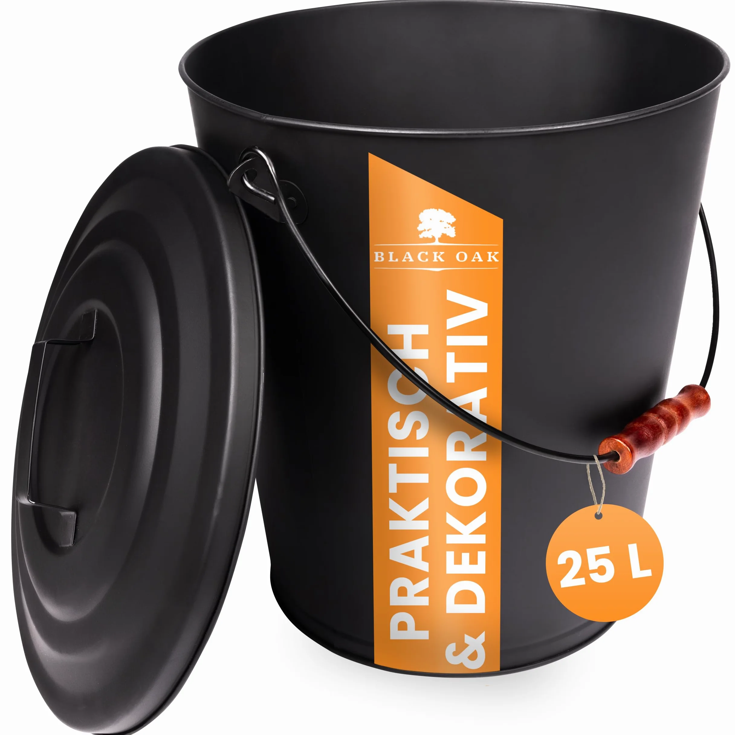 BLACK OAK Secchio per cenere Santorini, 25 l, nero con coperchio, XXL, extra grande, 25 litri, in acciaio zincato a prova di fuoco, verniciato a polvere, cenere e carbone, accessorio ideale per camino