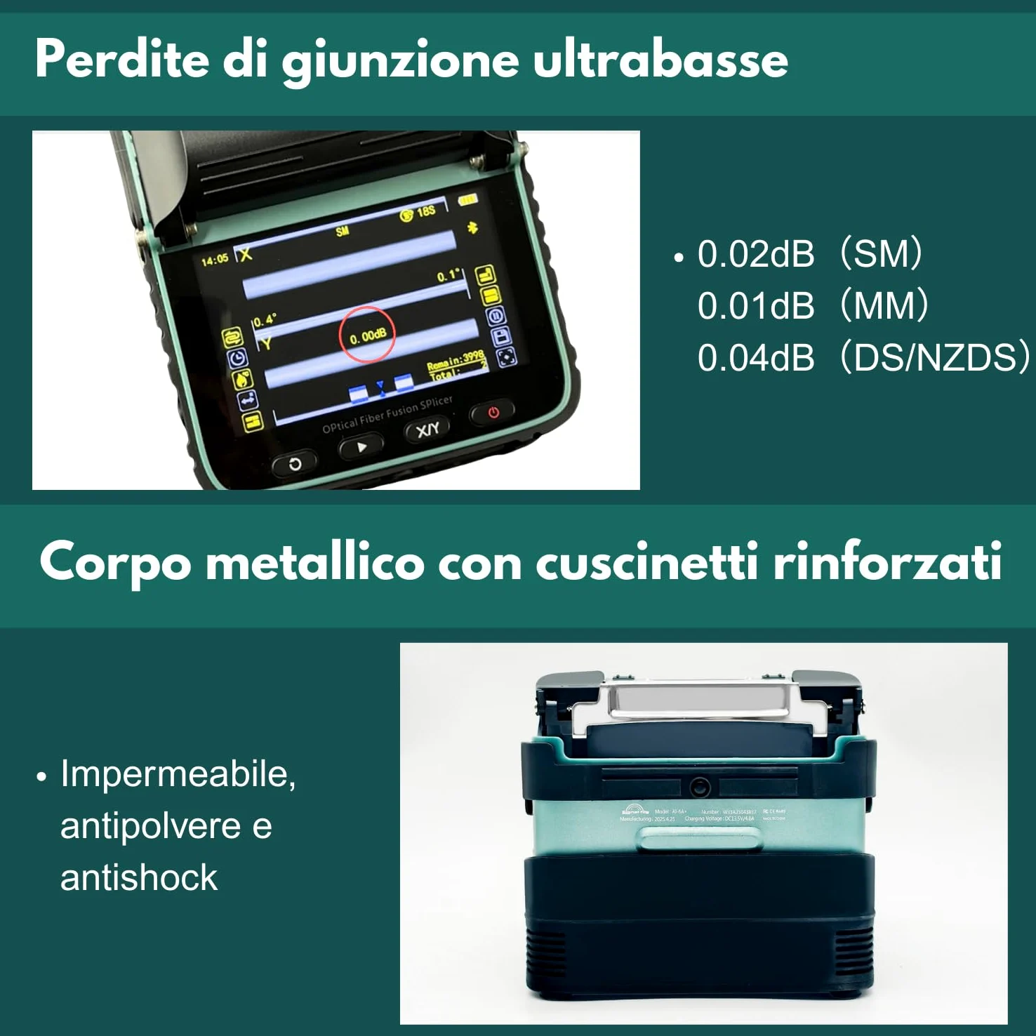 Nuovo Modello AI-6A+ Saldatrice per Fibra Ottica con OPM e VFL Integrati, Kit Giuntatrice Fibra Ottica Automatica a Allineamento del Nucleo con 6 Motori, 8s Fusione 18s Riscaldamento