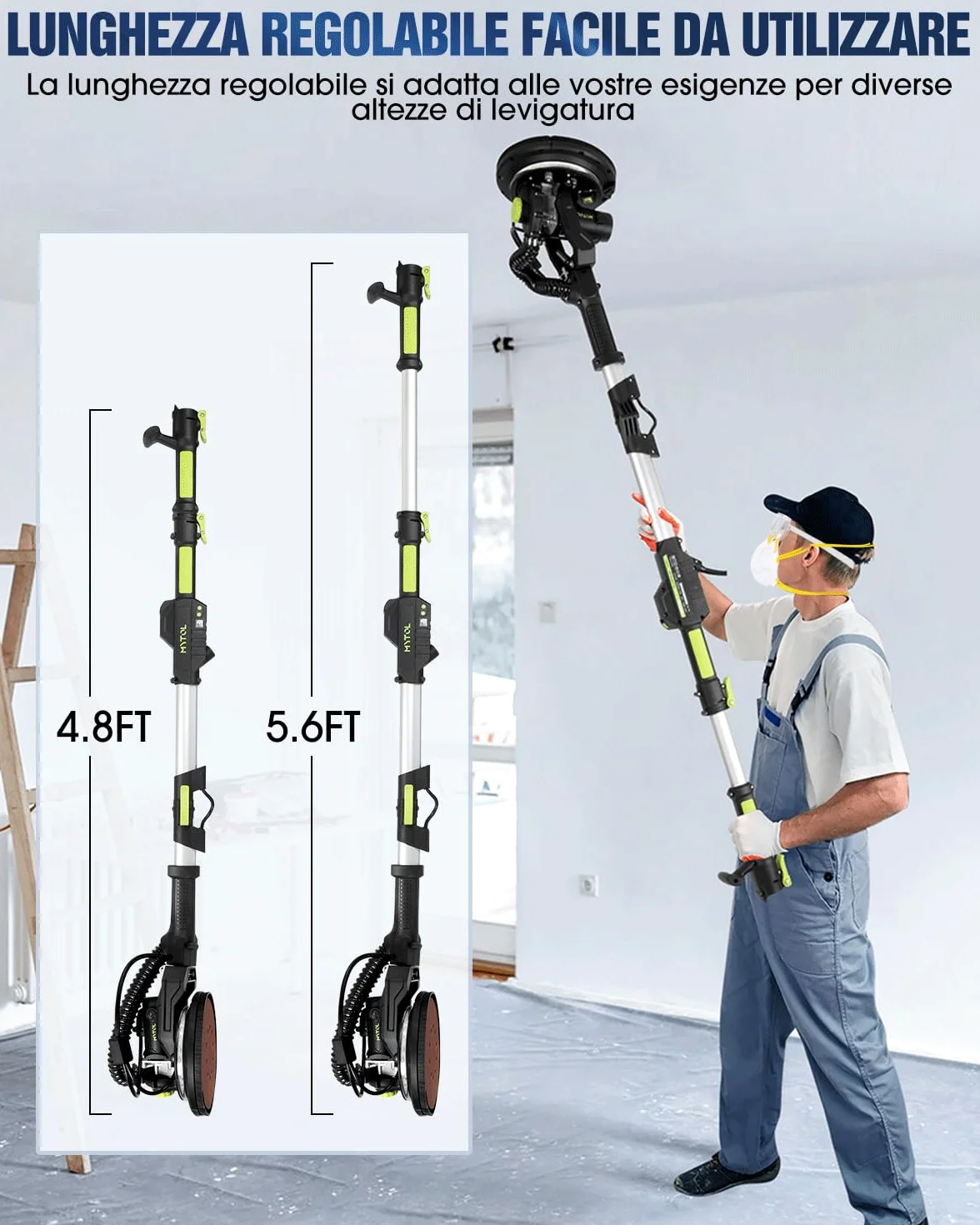 MYTOL Levigatrice per Muro con Aspiratore, 900W Elettrico Giraffa Levigatrice per cartongesso Manico Allungabile Pieghevole, 6 Velocità Variabili Massimo 1800U/min, Luce LED, 12 Carte Abrasive