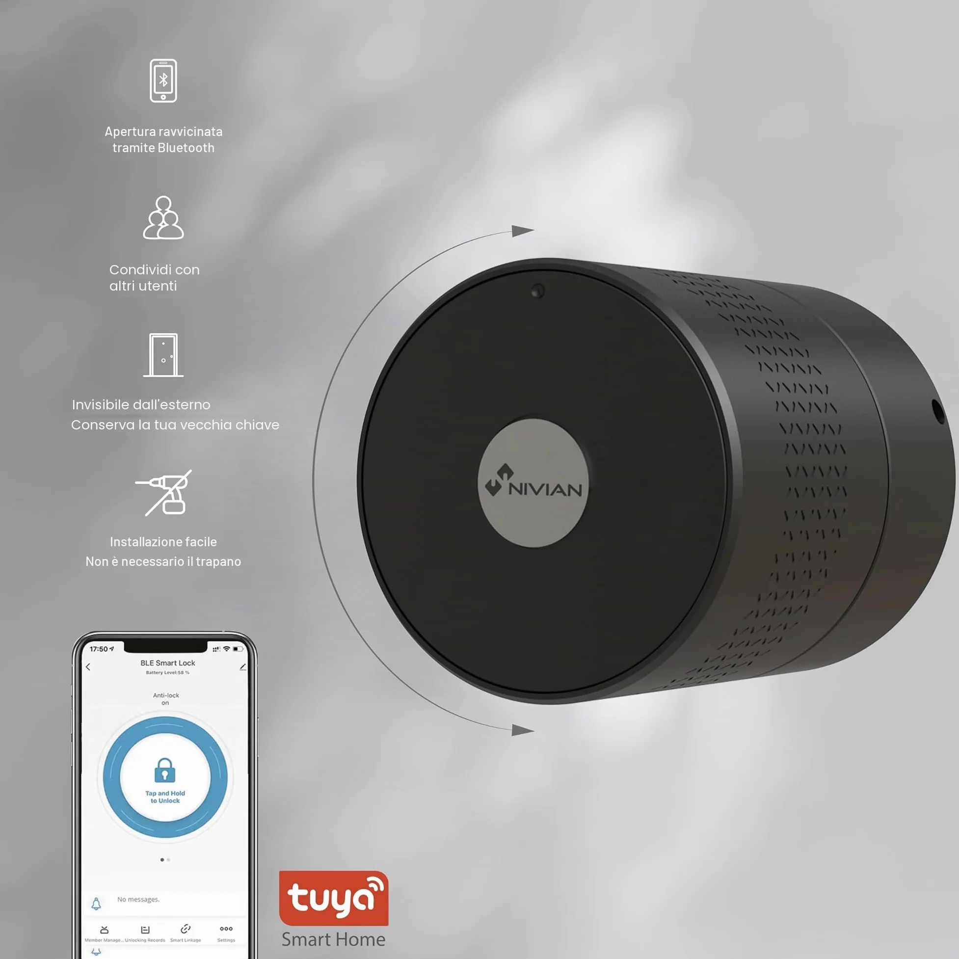 Nivian Serratura Smart Bluetooth- Smart lock con accesso remoto e apertura senza chiave- Creazione di chiavi virtuali per gli ospiti - Funzione di chiusura automatica per proteggere la casa