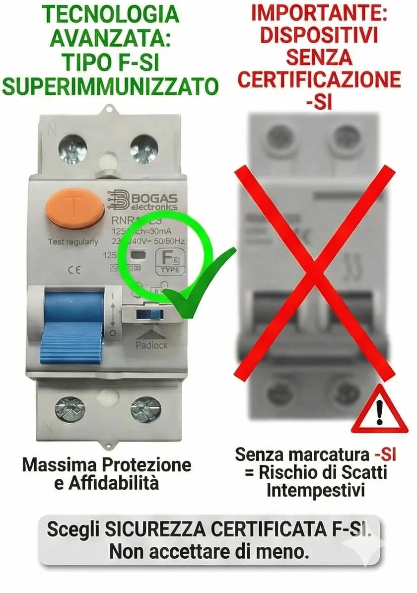 Differenziale Type F-SI |40 ampere|30mA|2 poli (N+F)| con certificazioni ufficiali e C E | (Type F-SI riarmante 40A 30mA)