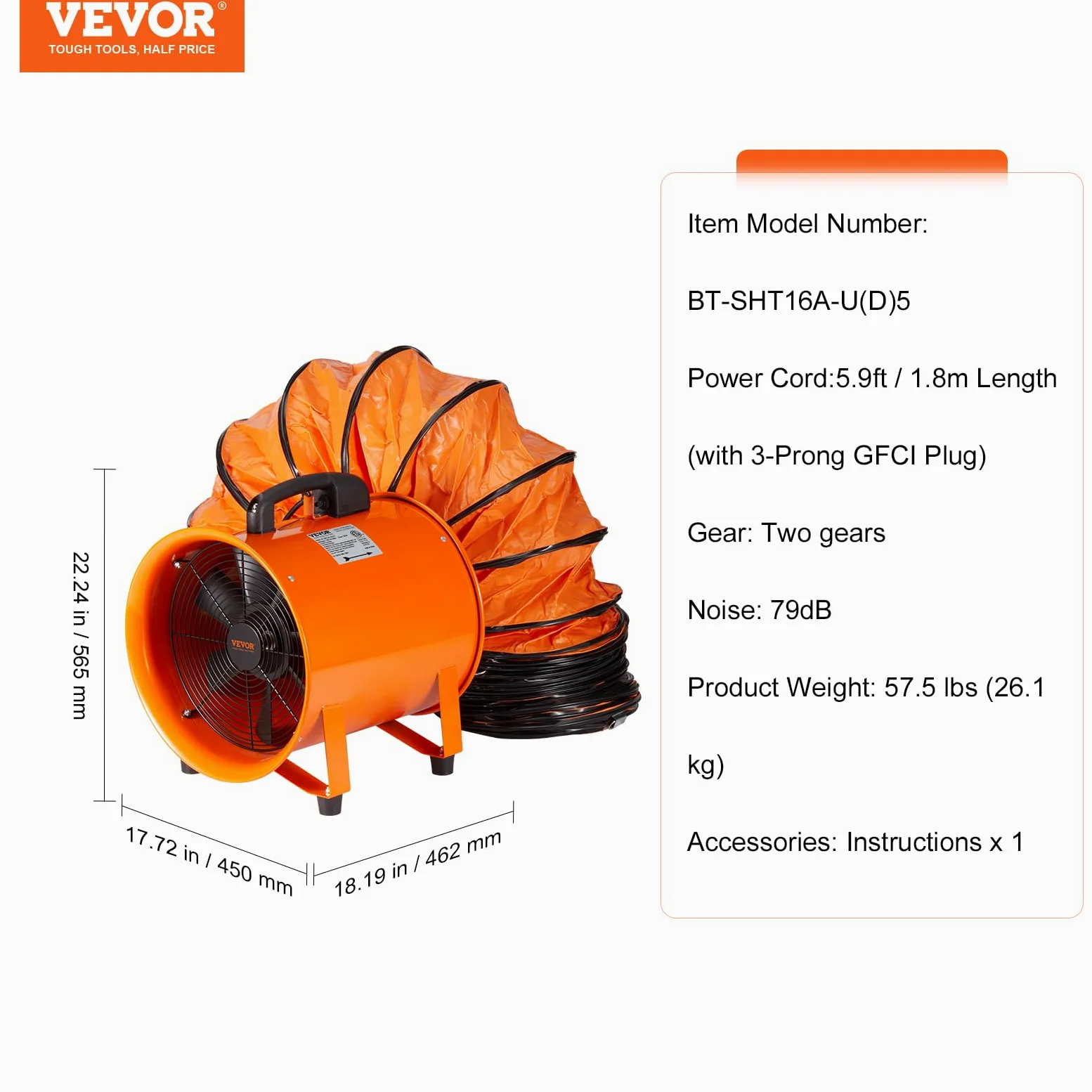 VEVOR Ventilatore Portatile, 900W Aspiratore Estrattore d'Aria Condotto Industriale Diametro 406,4 mm, Tubo Flessibile 5 m Volume d'Aria 8792 m3/h 2 Marce per Aspirare Polvere Fumo Impermeabile IP44