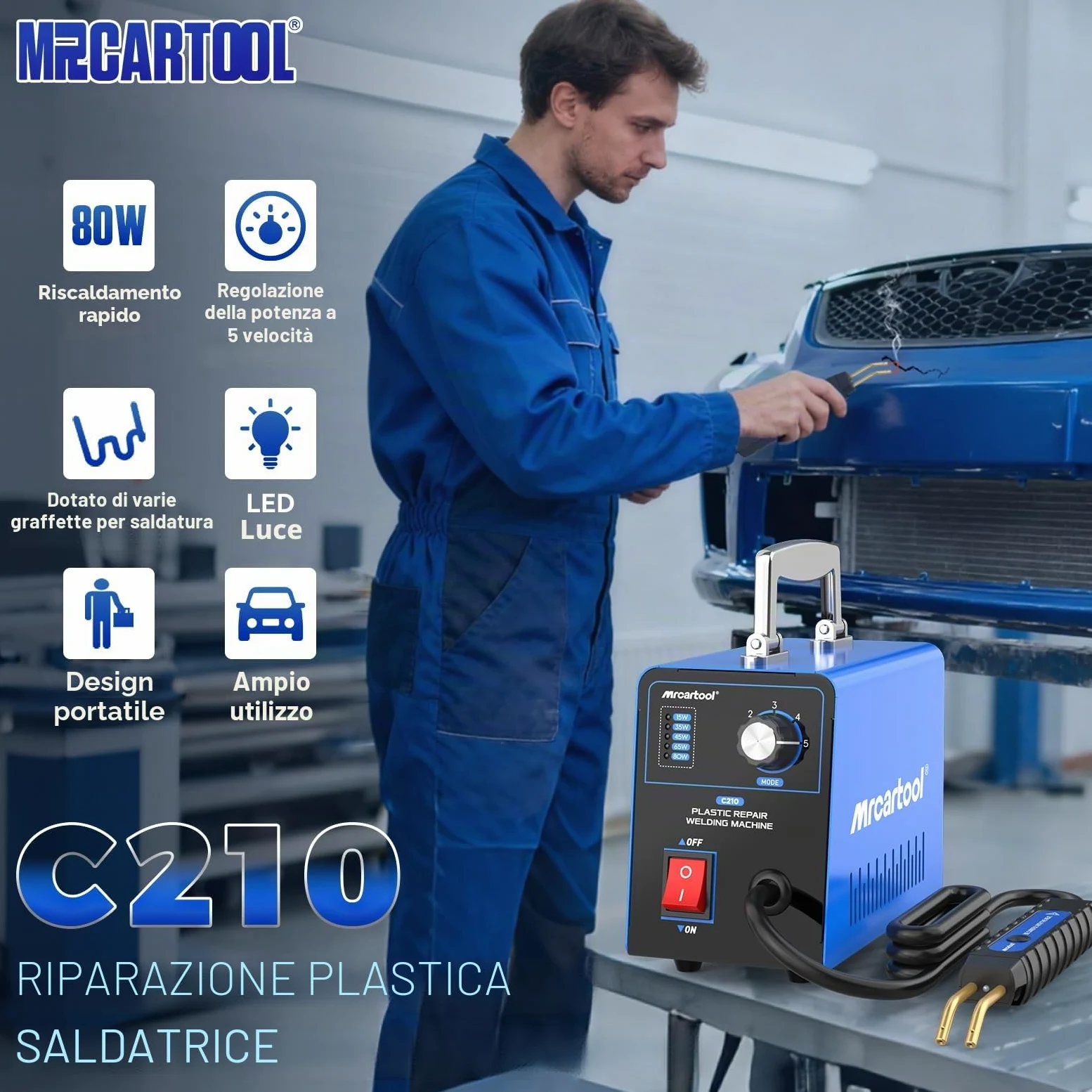 MR CARTOOL Saldatore per Plastica con 600pcs Graffette, Kit di Riparazione Paraurti Auto con 15W/35W/45W/65W/80W Regolabile, 220V Plastica Saldatrice Pistola Riparazione Macchina (Blu)