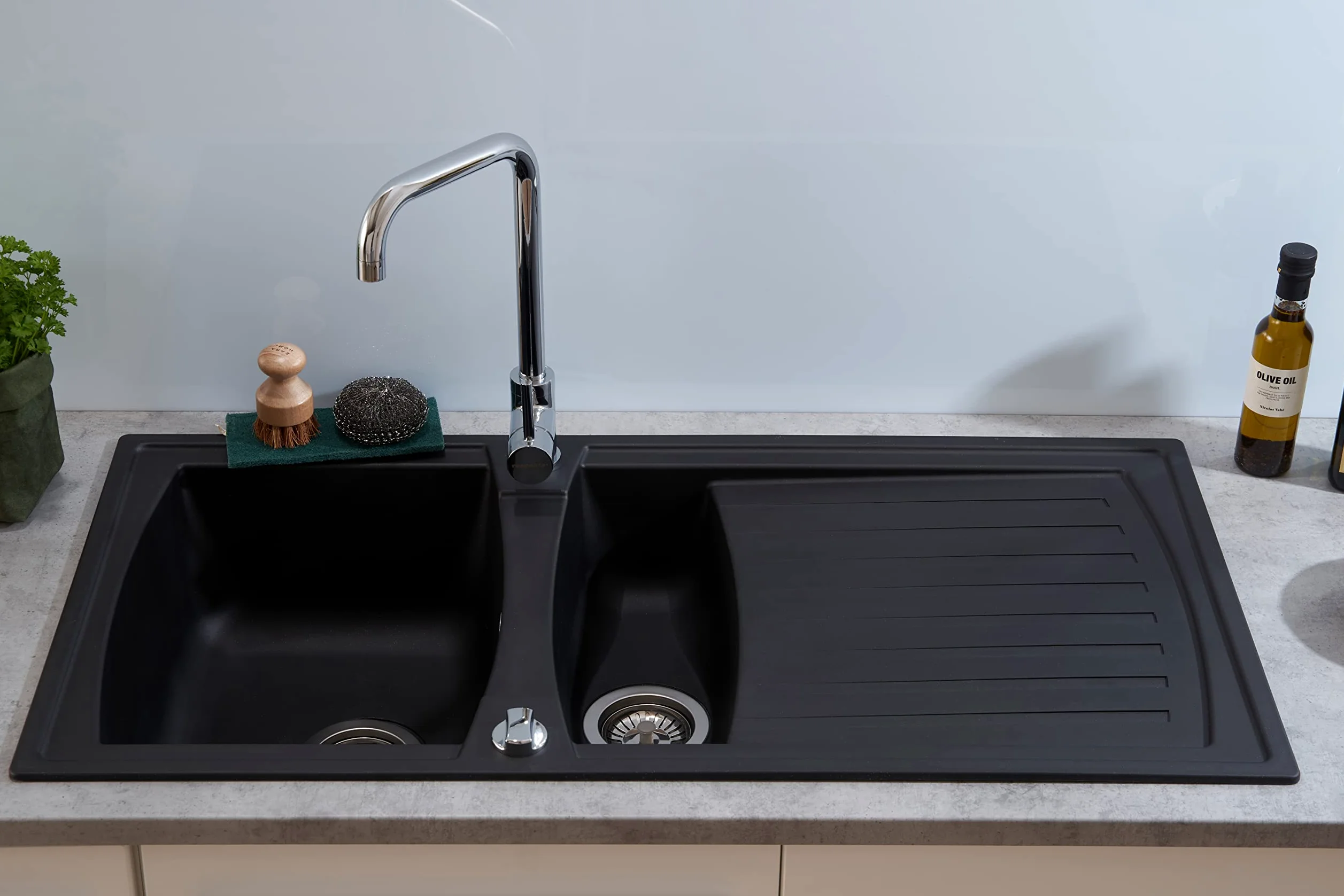 Respekta Lavello da Cucina in Mineralite Color Nero, Lavello da Incasso a 1,5 vasche, dimensioni 100 x 50 cm, Lavello Adatto per Mobili Sottolavello da 60 cm di Larghezza