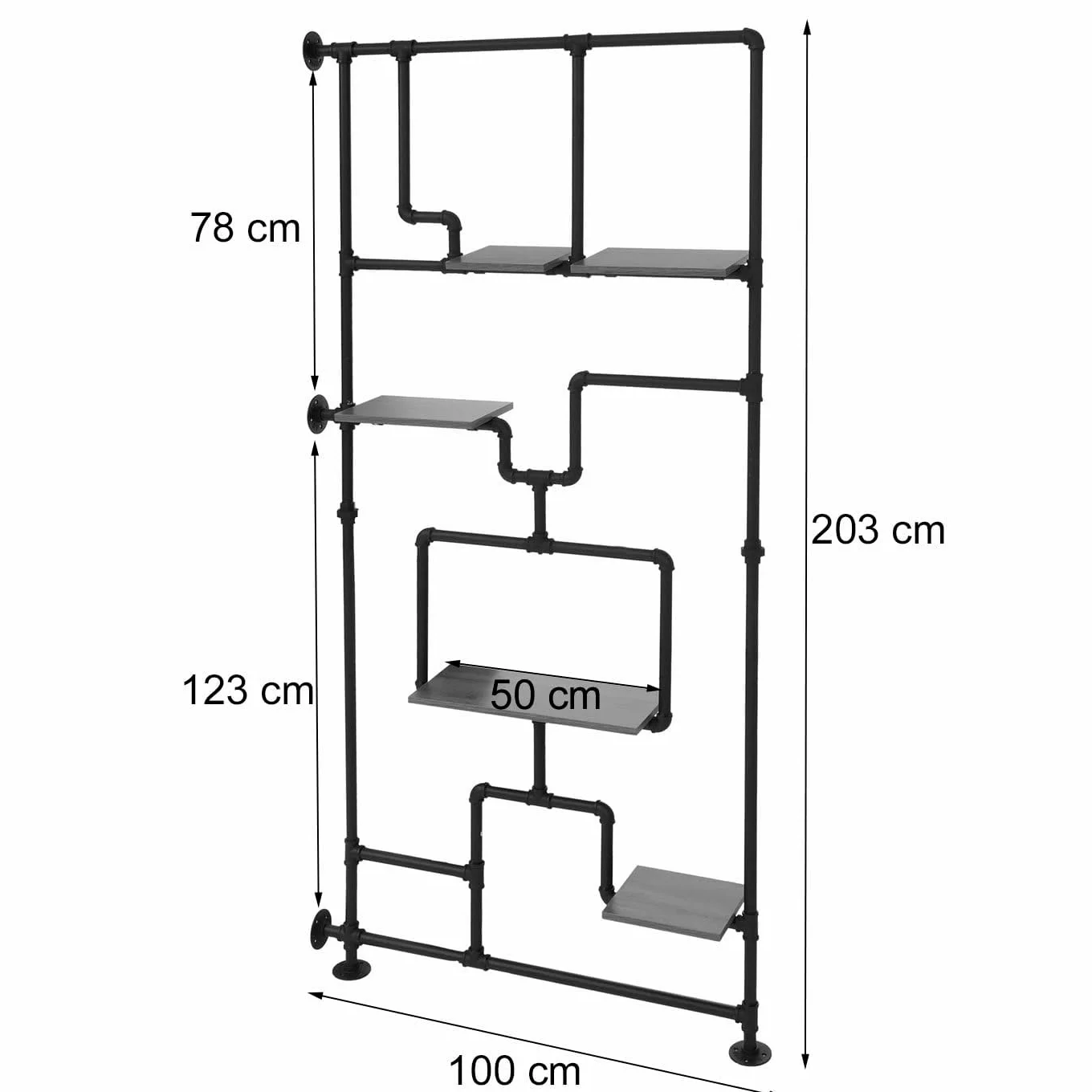 Divisorio con ripiani HWC-P10, scaffale da soggiorno, metallo industriale melaminico MVG 203x100x20 cm - marrone scuro