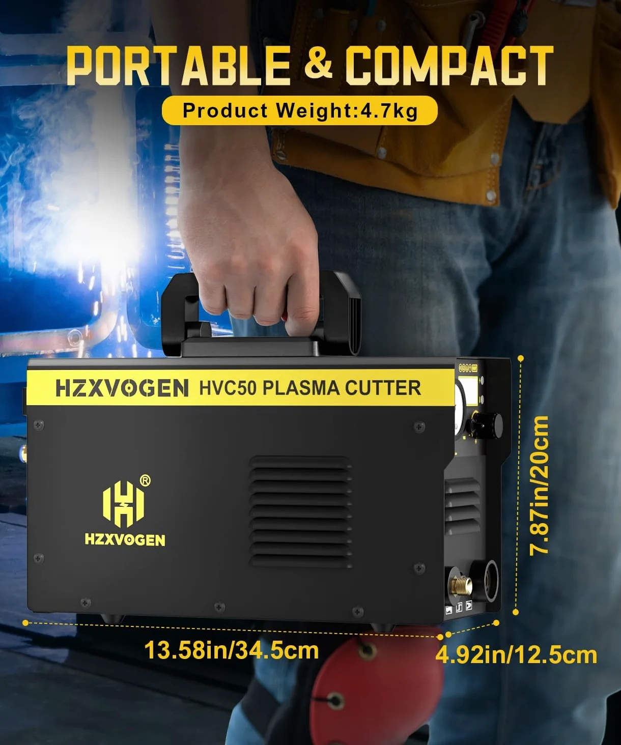 H HZXVOGEN Taglierina al Plasma 50A 230V, Taglio Max Acciaio 15mm, Taglio Pulito 8mm, Inverter IGBT DC, Accensione HF, Display Digitale, Raffreddamento Intelligente per Principianti e Hobbisti