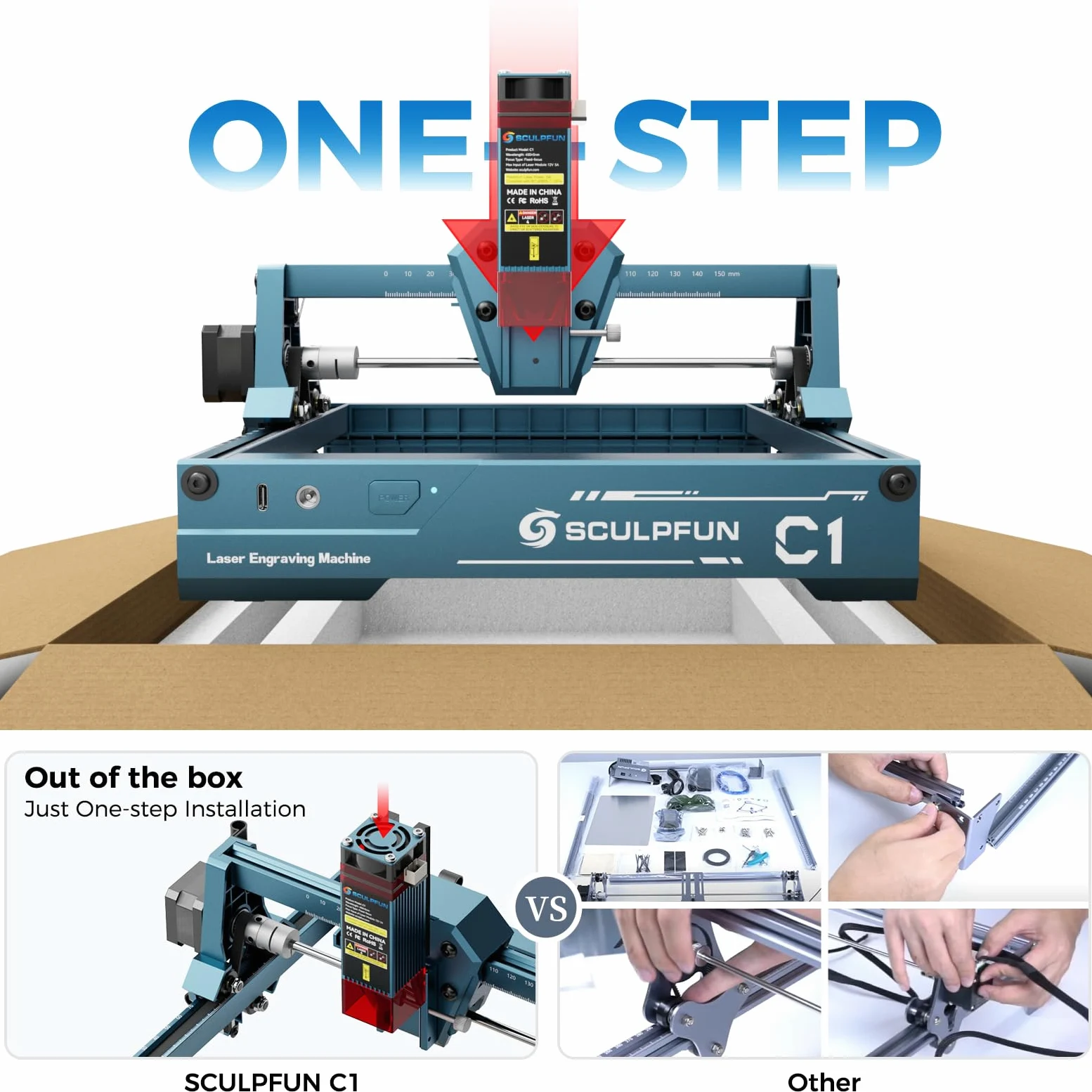SCULPFUN C1 Mini Macchina per Incisione Laser – Incisore Laser 3W, Precisione 0,04 mm, Plug-and-Play, Ideale per Lavori Fai-da-Te su Legno, Acrilico e Pelle