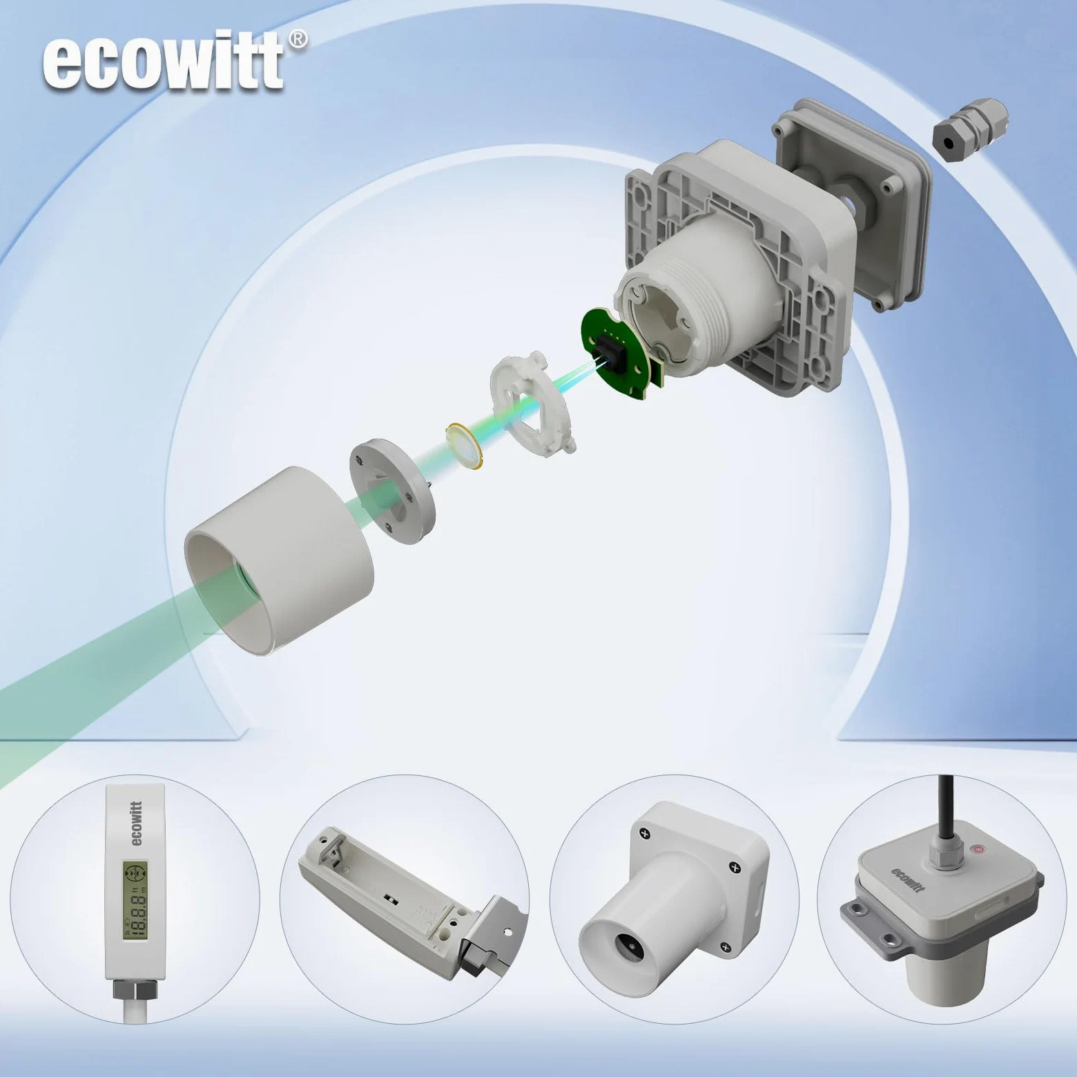ECOWITT LDS01 Misuratore di distanza laser, dispositivo di misura laser da 4 m con cavo da 1,5 m, strumento di misura laser da esterno per livello dell'acqua/neve/profondità dell'olio con display LCD